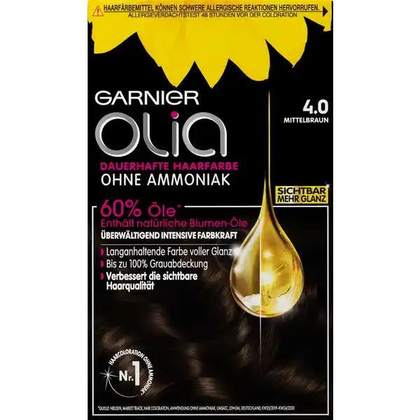 Garnier Olia Dauerhafte Haarfarbe 4.0 Mittelbraun: Цвет: Produktbeschreibung und details Garnier Olia Nr  verleiht den Haaren einen langanhaltendes Mittelbraun voller Glanz Die dauerhafte Haarfarbe ohne Ammoniak fr einen angenehmen Duft sorgt fr intensive Farbkraft und geschmeidiges glnzendes Haar Die ColorationsCreme ist zu   mit len angereichert Diese aktivieren die strahlende Kraft der Farbe indem sie die hochwirksamen Pigmente tief in der Haarfaser verankern Auch graues Haar wird zuverlssig abgedeckt Gleichzeitig verwhnt die Coloration das Haar mit reichhaltiger Pflege fr eine sichtbar verbesserte Haarqualitt Die cremigsamtige Textur von Garnier Olia tropft nicht und lsst sich mhelos und gleichmig auftragen Kontaktdaten LORAL Deutschland GmbH  Geschftsbereich LOral Paris Johannstrae   Dsseldorf Anwendung und Gebrauch Machen Sie  Stunden vor der Anwendung den Allergieverdachtstest Decken Sie Ihre Kleidung mit einem alten Handtuch ab und ziehen Sie die beiliegenden Einweghandschuhe an Entsprechend der Gebrauchsanweisung mischen Sie nun die Entwicklercreme mit der Colorationscreme in dem beiliegenden Olia Applikator Die fertige Mischung wird nun direkt auf das trockene ungewaschene Haar entlang des Scheitels aufgetragen und mit den Fingern vom Ansatz aus verteilt Lassen Sie die Farbe entsprechend der jeweiligen Angaben Ihrer Coloration einwirken Splen Sie anschlieend die Farbe mit warmen Wasser aus Gebrauch Aufbewahrung und Verwendung Aufbewahrungs und Verwendungsbedingungen Trocken lagern und Augenkontakt vermeiden Inhaltsstoffe ColorationsCreme Paraffinum Liquidum  Mineral Oil Aqua  Water Ethanolamine Steareth CaprylylCapryl Glucoside Polysorbate  Steareth Diaminophenoxyethanol HCl mAMINOPHENOL Ascorbic Acid Sodium Metabisulfite Hydroxybenzomorpholine Thioglycerin TolueneDiamine Polyquaternium Helianthus Annuus Seed Oil  Sunflower Seed Oil Limnanthes Alba Seed Oil  Meadowfoam Seed Oil Camellia Oleifera Seed Oil Resorcinol Passiflora Incarnata  Passiflora Incarnata Seed Oil EDTA Parfum  Fragrance EntwicklerCreme AquaWater Paraffinum Liquidum  Mineral Oil Cetearyl Alcohol Hydrogen Peroxide Steareth PEG Rapeseedamide Tocopherol Sodium Salicylate Polyquaternium Phosphoric Acid Tetrasodium Etidronate Tetrasodium Pyrophosphate Hexadimethrine Chloride Glycerin Seide ampamp Glanz Pflegekur zur Mehrfachanwendung AquaWater Cetearyl Alcohol Behentrimonium Chloride Cetyl Esters Tocopherol Trideceth Chlorhexidine Digluconate Helianthus Annuus Seed Oil  Sunflower Seed Oil Camellia Oleifera Seed Oil Amodimethicone Isopropyl Alcohol Citric Acid Cetrimonium Chloride Parfum  Fragrance Warnhinweise und wichtige Hinweise Warnhinweise HAARFRBEMITTEL KNNEN SCHWERE ALLERGISCHE REAKTION HERVORRUFEN Bitte folgende Hinweise lesen und beachten Dieses Produkt ist nicht fr Personen unter  Jahren bestimmt TEMPORRE TTOWIERUNGEN MIT quotSCHWARZEM HENNAquot KNNEN DAS ALLERGIERISIKO ERHHEN Frben Sie Ihre Haare nicht wenn Sie einen Ausschlag im Gesicht haben oder wenn Ihre Kopfhaut empfindlich gereizt oder verletzt ist wenn Sie schon einmal nach dem Frben Ihrer Haare eine Reaktion festgestellt haben wenn eine temporre Ttowierungen mit quotschwarzem Hennaquot bei Ihnen schon einmal eine Reaktion verursacht hat DAS NICHTBEACHTEN EINER VORLIEGENDEN ALLERGIE KANN LEBENSBEDROHLICH SEIN Es ist unbedingt erforderlich einen ALLERGIEVERDACHTSTEST  STUNDEN VOR jeder Anwendung des Produktes durchzufhren auch wenn Sie Haarfarben bereits frher verwendet haben Denken Sie deshalb daran das Produkt  Stunden vorher zu kaufen Gebrauchsanweisung beachten Bei einer Reaktion oder falls Sie Fragen zur persnlichen Vertrglichkeit haben wenden Sie sich vor Anwendung einer Haarfarbe an einen Arzt EntwicklerCreme enthlt Wasserstoffperoxid ColorationsCreme enthlt Phenylendiamin Resorcin Phenylendiamine Toluylendiamine Geeignete Handschuhe tragen Diese liegen der Packung bei Kontakt mit den Augen vermeiden Nicht zur Frbung von Wimpern und Augenbrauen verwenden Sofort Augen splen falls das Erzeugnis mit den Augen in Berhrung gekommen ist Nach Anwendung die Haare gut splen Dieses Produkt frhestens  Tage nach einer Entkruselung Dauerwelle oder einer langanhaltenden Glttung anwenden Nicht anwenden wenn Ihre Haare mit Henna gefrbt oder mit einem Produkt behandelt wurden das schrittweise zur natrlichen Haarfarbe zurckfhrt Darf nicht in die Hnde von Kindern gelangen
https://www.rossmann.de/de/pflege-und-duft-garnier-olia-dauerhafte-haarfarbe-40-mittelbraun/p/3600542222693