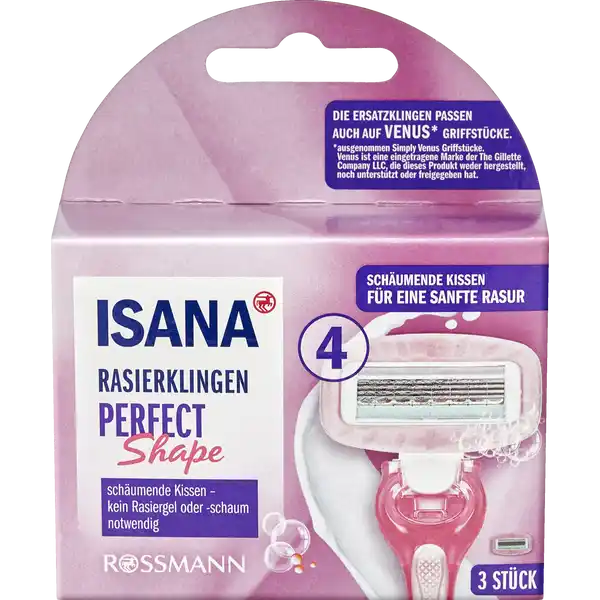 ISANA Perfect Shape Rasierklingen: Цвет: Produktbeschreibung und details Perfekt durch den Tag mit seidenglatter Haut ISANA RASIERER fr eine komfortable Rasur und grndliche Haarentfernung Die ISANA RASIERKLINGEN PERFECT SHAPE verfgen ber einen abgerundeten Schwingkopf fr eine komfortable grndliche und glatte Rasur Die schumenden Kissen mit Shea und Kakaobutter sowie Vitamin E und Jojobal umgeben die keramikbeschichteten Klingen und werden bei Wasserkontakt aktiviert so dass kein Rasiergel oder schaum notwendig ist Die Rasierklingen passen auch auf Venus Griffstcke schumende Kissen  kein Rasiergel oder schaum notwendig vegan ausgenommen Simply Venus Griffstcke Venus ist eine eingetragene Marke der The Gillette Company LLC die dieses Produkt weder hergestellt noch untersttzt oder freigegeben hat Kontaktdaten Dirk Rossmann GmbH Isernhgener Strae   Burgwedel wwwrossmannde      UrsprungslandHerkunftsort Deutschland Testurteile Qualittssiegel ampamp Verbandszeichen Anwendung und Gebrauch Die Klingen ausschlielich unter flieendem Wasser reinigen  nicht abwischen Gebrauch Aufbewahrung und Verwendung Aufbewahrungs und Verwendungsbedingungen Produkt sauber und trocken lagern Inhaltsstoffe Schumende Kissen Stearic Acid PEGM Sodium Cocoyl Isethionate Palm Kernel Acid Sodium Isethionate WaterAqua Cyclodextrin Hydrogenated Jojoba Oil Tocopherol Theobroma Cacao Cocoa Seed Butter Aloe Barbadensis Leaf Juice Maltodextrin Butyrospermum Parkii Shea Butter Gleitstreifen PEGM PEGM PEG Cyclodextrin Hydrogenated Jojoba Oil Tocopherol Panthenol Aloe Barbadensis Leaf Juice Maltodextrin Warnhinweise und wichtige Hinweise Warnhinweise Auerhalb der Reichweite von Kindern aufbewahren Klingen nicht anfassen Nicht mit den ISANA RASIERERN der Produktgruppe PACE kompatibel
https://www.rossmann.de/de/pflege-und-duft-isana-perfect-shape-rasierklingen/p/4305615757865