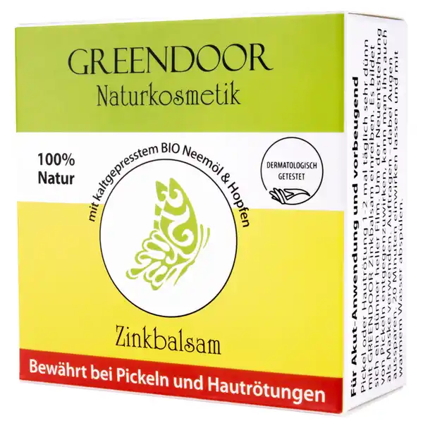 GREENDOOR Zinkbalsam: Цвет: Produktbeschreibung und details Greendoor ist eine Naturkosmetik Manufaktur aus Deutschland die die Geheimnisse der Natur seit mehr als  Jahren entschlsselt daraus eigene Rezepturen zur Hautpflege entwickelt und herstellt Pflanzliche Rohstoffe und Wirkstoffe schonend zu Naturkosmetik Produkten zu verarbeiten war und ist das Ziel Greendoor mchte allen Menschen die Mglichkeit geben sich ausschlielich natrlich schn zu pflegen Pflegende wasserfreie Formulierungen wie zum Beispiel feste Pflegeprodukte sind besonders nachhaltig und stehen bei Greendoor im Fokus Greendoor Zinkbalsam  das ist schnelle Naturhilfe pur fr geplagte Haut Bei Rtungen und Pickeln oder auch vorbeugend tglich anwendbar Ein hoher Anteil hochreines Zinkoxid BIO Kokosl BIO Sesaml kaltgepresstes BIO Neeml Hopfen und Salbei beruhigen die Haut schnell und sorgen fr eine sichtbare Verbesserung des Hautbildes GREENDOOR Zinkbalsam enthlt reine natrliche Inhaltsstoffe keine Parabene keine Konservierungsmittel keine synthetischen Farbstoffe keine Parfumstoffe keine Paraffine oder andere Minerallrohstoffe Und wie alle GREENDOOR Produkte natrlich ohne TierversucheErgiebig pflegend nachhaltigEine Dose Greendoor Zinkbalsam reicht je nach Anwendungsintensitt fr ca  Monate Mit pflegendem Bio Sesaml Die Dose besteht zu  aus recyceltem Plastik aus KstensammlungenVergiss Chemie  vertraue intelligent kombinierter Natur verbessert das Hautbild  natrlich reinere Haut reduziert sichtbar Rtungen Pickel und Mitesser ist uerst sparsam weil er kein Wasser enthlt reine natrliche Inhaltsstoffe parfumfrei dermatologisch getestet Kontaktdaten Greendoor Naturkosmetik GmbH Gewerbestrae Sd   Hurlach wwwgreendoornaturkosmetikde  Anwendung und Gebrauch Akutanwendung Nur eine kleine Menge auf eine gertete Stelle oder einen Pickel reiben und bereits am nchsten Morgen sieht die Welt schon sehr viel besser aus Nicht wieder abwaschen sondern auf der Haut belassen Fr wenige Minuten trocknen lassen dann kann auch MakeUp darber angewendet werden Vorbeugung Als Maske angewendet das Gesicht mit dem Zinkbalsam dnn einreiben  Minuten einwirken lassen und dann mit warmem Wasser absplen Kann bei Bedarf tglich angewendet werden Ideal abends Gebrauch Aufbewahrung und Verwendung Aufbewahrungs und Verwendungsbedingungen Bitte trocken dunkel und nicht zu warm lagern Inhaltsstoffe Cocos Nucifera Cocos Oil Sesamum Indicum Sesame Seed Oil Zinc Oxide Silica Cera Flava Salvia Officinalis Sage Leaf Oil Melia Azadirachta Neem Seed Oil Humulus Lupulus Hopf Cone Extract Helianthus Annuus Sunflower Seed Oil Limonene Linalool Geraniol Citral   aus kontrolliert biologischem Anbau kbA Warnhinweise und wichtige Hinweise Warnhinweise Augenkontakt vermeiden
https://www.rossmann.de/de/pflege-und-duft-greendoor-zinkbalsam/p/0737925276721