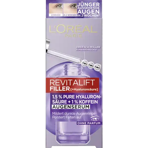 LOral Paris Revitalift Filler Augenserum: Цвет: Produktbeschreibung und details Das erste Revitalift Filler Serum speziell fr die Augen Mit  Hyaluronsure und  Koffein werden Falten gemildert und dunkle Augenringe reduziert Pure Hyaluronsure versorgt die empfindliche Haut intensiv mit Feuchtigkeit und bewirkt eine effektive Faltenmilderung Pures Koffein belebt die Haut und mildert dunkle Augenringe und Schwellungen Mit  Niacinamid werden dunkle Augenringe aufgehellt fr ein jugendliches Strahlen Das Serum lsst sich mit dem innovativen DreifachKugelApplikator auftragen Der biegsame Applikator ermglicht eine Massage der gesamten Augenpartie und erzeugt einen sofortigen khlenden Effekt Die  EdelstahlKugeln beleben die geschwollene und mde Haut Das Ergebnis  jnger aussehende Augen in  Wochen Sofort ist die Haut intensiv hydratisiert und mde Augen wirken wachen Nach  Wochen wirken Augenfltchen gemildert und dunkle Augenringe sind reduziert Nach  Wochen wirkt die Haut fester Feine Linien unter den Augen sind gemildert fr alle Hauttypen zieht schnell ein ohne zu fetten mildert dunkle Augenringe polstert Falten auf ohne Parfum auch fr empfindliche Haut geeignet eignet sich besonders fr die Haut ab ca  Jahren Kontaktdaten LOral Paris TSA   ST OUEN CEDEX FR wwwlorealparisde Anwendung und Gebrauch Trage das Augenserum tglich morgens und abends auf die gereinigte Augenpartie auf Massiere es in kreisenden Bewegungen mit Hilfe des Applikators vom inneren bis zum ueren Augenwinkel ein Wiederhole dies x Trage es anschlieend auf die Augenlider und konturen auf be zum Anschluss leichten Druck auf die  energetisierenden Punkte rund um die Augenpartie aus Massiere berschssiges Serum sanft mit den Fingern ein und fahre mit der tglichen Pflegeroutine fort Inhaltsstoffe AQUA  WATER  GLYCERIN  HYDROXYETHYLPIPERAZINE ETHANE SULFONIC ACID  NIACINAMIDE  SODIUM HYALURONATE  CAFFEINE  CITRIC ACID  HYDROXYACETOPHENONE  TRISODIUM ETHYLENEDIAMINE DISUCCINATE  ASCORBYL GLUCOSIDE  CAPRYLYL GLYCOL  CHLORPHENESIN FIL B
https://www.rossmann.de/de/pflege-und-duft-loreal-paris-revitalift-filler-augenserum/p/3600524025472