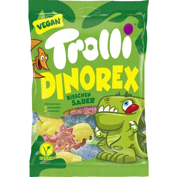 Trolli Dino Rex Fruchtgummi: Цвет: Produktbeschreibung und details Mach dein Leben Trolliger Auen sauer innen intensiv fruchtig s mit beerigen Erdbeer und Himbeernoten spritzigem Zitronen und Orangengeschmack und dem Frischekick aus Limette und Limquat Ein echt futuristischer DinoSpa Lebensmittelunternehmer Name Trolli GmbH Adresse Oststr   Frth wwwtrollide UrsprungslandHerkunftsort Deutschland Testurteile Qualittssiegel ampamp Verbandszeichen Rechtlich vorgeschriebene Produktbezeichnung Gummibonbon Zutaten Zucker Invertzuckersirup Glukosesirup Maisstrke Suerungsmittel pfelsure Citronensure Milchsure Sureregulatoren Calciumcitrate Natriummalate Aromen frbende Lebensmittel Schwarze Johannisbeere schwarze Karotte roter Rettich rote Traube Kirsche Saflor Curcuma Farbstoff Kurkumin Brillantblau FCF Nhrwerte Durchschnittliche Nhrwertangaben pro  g Energie  kj   kcal Fett  g davon  gesttigte Fettsuren  g Kohlenhydrate  g davon  Zucker  g Eiwei  g Salz amplt  mg Gebrauch Aufbewahrung und Verwendung Aufbewahrungs und Verwendungsbedingungen Vor Wrme und Feuchtigkeit schtzen
https://www.rossmann.de/de/lebensmittel-trolli-dino-rex-fruchtgummi/p/4000512364764