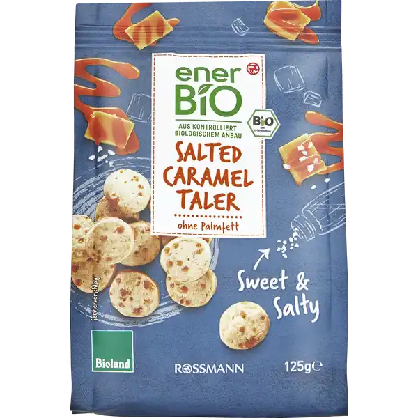 enerBiO Salted Caramel Taler: Цвет: Produktbeschreibung und details SalzkaramellLiebhaber aufgepasst Diese Kekse sind ideal fr alle die es s und salzig aber auch bio mgen Unsere knusprigen enerBiO Salted Caramel Taler enthalten die angenehme Se des heimischen Rbenzuckers und lassen sich zu jeder Gelegenheit snacken  und das ganz ohne Palml und in bester BiolandQualitt Alle Produkte unserer ROSSMANNMarke enerBiO stammen aus kontrolliert biologischem Anbau Durch eine schonende sorgfltige Verarbeitung erhalten wir hierbei sowohl die Hochwertigkeit als auch den natrlichen Geschmack Zudem lassen wir unsere Produkte regelmig durch unabhngige Institute berprfen  so gewhrleisten wir eine gleichbleibende Qualitt sweet ampamp salty ohne Palmfett Lebensmittelunternehmer Name Dirk Rossmann GmbH Adresse Isernhgener Str   Burgwedel wwwrossmannde Bio Zertifikat DEKO UrsprungslandHerkunftsort EUNichtEULandwirtschaft Testurteile Qualittssiegel ampamp Verbandszeichen Rechtlich vorgeschriebene Produktbezeichnung Bio Dinkelkeks mit Karamell und Salz Zutaten  DINKELWEIZENMEHL Type  BUTTER   Karamell Rohrohrzucker Glukosesirup  WEIZEN  SAHNE  BUTTER  Meersalz Rbenzucker amplt Steinsalz Weinsteinbackpulver Surungsmittel Monokaliumtartat Backtriebmittel Natriumhydrogencarbonat Maisstrke aus kontrolliert biologischem Anbau Kann Spuren von MANDELN  NSSEN  SESAM  SOJA  EI und SELLERIE enthalten Nhrwerte Durchschnittliche Nhrwertangaben pro  g Energie  kj   kcal Fett  g davon  gesttigte Fettsuren  g Kohlenhydrate  g davon  Zucker  g Ballaststoffe  g Eiwei  g Salz  g Gebrauch Aufbewahrung und Verwendung Aufbewahrungs und Verwendungsbedingungen Trocken lagern und vor Wrme schtzen
https://www.rossmann.de/de/lebensmittel-enerbio-salted-caramel-taler/p/4305615877754