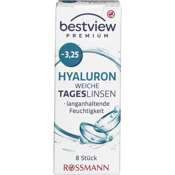 BestView Premium weiche Tageslinsen Hyaluron -3,25: Цвет: https://www.rossmann.de/de/gesundheit-bestview-premium-weiche-tageslinsen-hyaluron--325/p/4719889750093
Produktbeschreibung und details Die bestview Premium Hyaluron weiche Tageslinsen erfllen alle europischen Normen und medizinischen Richtlinien Das zugefgte Hyaluron begnstigt eine Verbesserung der Stabilitt des Trnenfilms Die bestview Tageslinsen besitzen ein spezielles Linsendesign welches eine einfachere Anwendung ermglicht Tageslinsen sind durch ihren tglichen Austausch besonders hygienisch und brauchen nicht gereinigt zu werden Tageslinsen sind besonders zu empfehlen wenn man nur ab und zu Kontaktlinsen trgt etwa beim Sport im Urlaub oder am Wochenende bestview Premium Hyaluron weiche Tageslinsen sind vertrgliche weiche Kontaktlinsen zur Korrektur von Kurzsichtigkeit langanhaltende Feuchtigkeit  Stck Kontaktdaten Dirk Rossmann GmbH Isernhgener Strae   Burgwedel wwwrossmannde Anwendung und Gebrauch Nutzungsdauer  Tag Inhaltsstoffe  Wasser  Etafilcon A Phosphat gepufferte Kochsalzlsung Warnhinweise und wichtige Hinweise Warnhinweise Nicht verwenden bei beschdigter Linsenverpackung Gehen Sie mit Ihren Linsen bitte regelmig zu einer augenrztlichen Kontrolle Folgen Sie den Anweisungen Ihres Kontaktlinsenanpassers Schlafen Sie nicht mit eingesetzter Linse Bitte beachten Sie die beiliegende Gebrauchsinformation