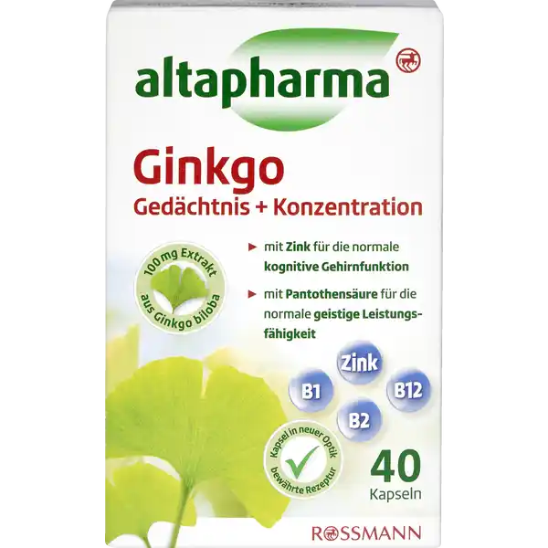 altapharma Ginkgo Gedchtnis  Konzentration: Цвет: https://www.rossmann.de/de/gesundheit-altapharma-ginkgo-gedaechtnis--konzentration/p/4305615617114
Produktbeschreibung und details altapharma Ginkgo Gedchtnis  Konzentration Um die Aufgaben des Alltags und die geistigen Herausforderungen zu bewltigen sind ein gutes Konzentrationsvermgen und ein gutes Gedchtnis sehr wichtig Eine ausreichende Versorgung mit Nhrstoffen fr den Stoffwechsel von Gehirn und Nerven ist hierfr unerlsslich Altapharma Ginkgo Gedchtnis  Konzentration enthlt neben GinkgoExtrakt auch viele wichtige Vitamine Vitamin B und B sind von zentraler Bedeutung fr den Energiestoffwechsel und die Nervenzellen Vitamin B und Folsure haben wichtige Funktionen bei der Zellteilung Pantothensure untersttzt die geistige Leistung und Zink trgt zu einer normalen kognitiven Funktion bei mit Zink fr die normale kognitive Gehirnfunktion mit Pantothensure fr die normale geistige Leistungsfhigkeit Lebensmittelunternehmer Name Dirk Rossmann GmbH Adresse Isernhgener Str   Burgwedel wwwrossmannde       UrsprungslandHerkunftsort Deutschland Rechtlich vorgeschriebene Produktbezeichnung Nahrungsergnzungsmittel mit Ginkgo BVitaminen und Zink Zutaten Calciumphosphat Ginkgo biloba Extrakt Gelatine Zinksulfat Trennmittel Siliciumdioxid Pantothensure Trennmittel Magnesiumsalze der Speisefettsuren Riboflavin Vitamin B Thiaminmononitrat Vitamin B Farbstoffe Titandioxid und Eisenoxide Pteroylmonoglutaminsure Folsure Cyanocobalamin Vitamin B LAKTOSEFREI  GLUTENFREI  Nhrwerte Durchschnittliche Nhrwertangaben pro  Portion pro  g pro Kapsel Energie  kj   kcal  kj   kcal Fett amplt  g  g davon  gesttigte Fettsuren amplt  g  g Kohlenhydrate amplt  g  g davon  Zucker amplt  g  g Eiwei amplt  g  g Salz  g  g NRV Zink  mg   Vitamin B Thiamin  mg   Vitamin B Riboflavin  mg   Folsure  g   Vitamin B  g   Pantothensure  mg   Anwendung und Gebrauch  Kapseln tglich unzerkauf mit ausreichend Flssigkeit z B einem Glas Wasser verzehren Gebrauch Aufbewahrung und Verwendung Aufbewahrungs und Verwendungsbedingungen Bitte auerhalb der Reichweite von kleinen Kindern aufbewahren Trocken vor Wrme und Licht geschtzt aufbewahren Warnhinweise und wichtige Hinweise Warnhinweise Bitte auerhalb der Reichweite von kleinen Kindern aufbewahren Die empfohlene tgliche Verzehrmenge darf nicht berschritten werden Nahrungsergnzungsmittel sind kein Ersatz fr eine ausgewogene und abwechslungsreiche Ernhrung sowie eine gesunde Lebensweise Personen die Antikoagulantien einnehmen sollten vor dem Verzehr von Ginkgo Gedchtnis  Konzentration Rcksprache mit Ihrem Arzt halten