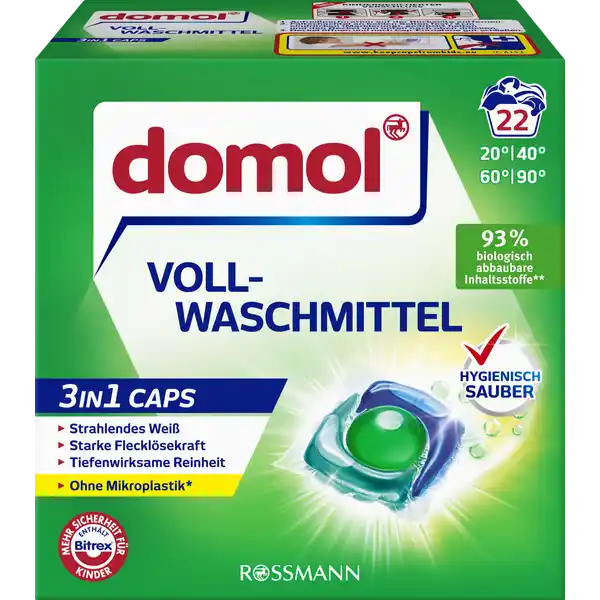 domol 3in1 Caps Vollwaschmittel: Цвет: https://www.rossmann.de/de/haushalt-domol-3in1-caps-vollwaschmittel/p/4305615979564
Produktbeschreibung und details Freuen Sie sich auf starke Reinigungskraft fr Ihre Wsche Die domol Vollwaschmittel in Caps sorgen dank Ihrem kraftvollen KammernSystem mit starker Flecklsekraft fr eine tiefenwirksame Reinheit und strahlendes Wei in strahlendes Wei starke Fleckenlsekraft und tiefenwirksame Reinheit aktiv ab C mit AntiGrauschleierEffekt herrlich frisches und reines Dufterlebnis   biologisch abbaubare Inhaltsstoffe gem OECD  CapFolie ist zu  wasserlslich und biologisch abbaubar gem OECD B Verpackung besteht aus mindestens  Altpapier und ist recycelbar Rezeptur ohne Mikroplastik nach ECHA Definition Kontaktdaten Dirk Rossmann GmbH Isernhgener Str   Burgwedel  Anwendung und Gebrauch Anzahl der domol in Caps entsprechend der Dosierempfehlung beachten domol in Caps hinten in die leere Trommel legen Anschlieend die Wsche hinzugeben Verpackung nach jeder Entnahme wieder gut schlieen Cap   Waschladung  kg bei weicher oder mittlerer Wasserhrte  Caps   Waschladung ampgt  kg oder bei stark verschmutzter Wsche undoder hartem Wasser Die Wasserhrte ist bei Ihrem rtlichen Wasserwerk in Erfahrung zu bringenDie Pflegehinweise in den Textilien beachten Wsche nach Farben und Verschmutzungsgrad sortieren Hartnckige Flecken bei Bedarf vorbehandelnFr bunte Textilien empfehlen wir domol Colorwaschmittel in Caps Nicht fr Wolle und Seide geeignet Nicht fr Kurzprogramme geeignet Gebrauch Aufbewahrung und Verwendung Aufbewahrungs und Verwendungsbedingungen Packung khl trocken und verschlossen lagern Vor Licht und Feuchtigkeit geschtzt aufbewahren Vor Frost schtzen Inhaltsstoffe  anionische Tenside nichtionische Tenside  Seife amplt  Phosphonate Enthlt Enzyme Duftstoffe HEXYL CINNAMALCITRONELLOL BENZYL ALCOHOL optische Aufheller Konservierungsmittel PHENOXYETHANOL Bitrex Rezeptur ohne Mikroplastik nach ECHA Definition Warnhinweise und wichtige Hinweise Warnhinweise Verursacht Hautreizungen Verursacht schwere Augenreizung Schdlich fr Wasserorganismen mit langfristiger Wirkung Ist rztlicher Rat erforderlich Verpackung oder Kennzeichnungsetikett bereithalten Darf nicht in die Hnde von Kindern gelangen Freisetzung in die Umwelt vermeiden ACHTUNG Nach Gebrauch Hnde grndlich waschen BEI VERSCHLUCKEN Sofort GIFTINFORMATIONSZENTRUMArzt anrufen BEI BERHRUNG MIT DER HAUT Mit viel WasserSeife waschen BEI KONTAKT MIT DEN AUGEN Einige Minuten lang behutsam mit Wasser splen Eventuell vorhandene Kontaktlinsen nach Mglichkeit entfernen Weiter splen Bei anhaltender Augenreizung rztlichen Rat einholenrztliche Hilfe hinzuziehen InhaltBehlter entsprechend den rtlichen Vorschriften der Entsorgung zufhren Enthlt SUBTILISIN Kann allergische Reaktionen hervorrufen Detergenzienblatt Detergenzienblatt Laden Sie das Dokument zum Produkt als PDF herunter