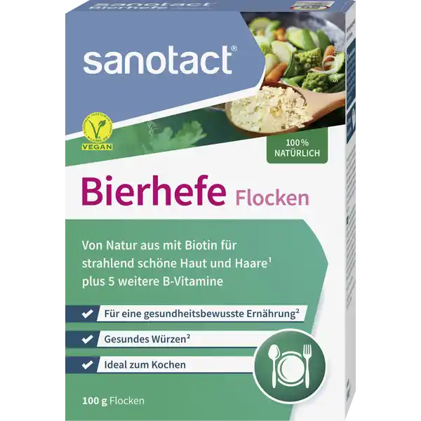 sanotact® Bierhefe Flocken: Цвет: https://www.rossmann.de/de/gesundheit-sanotact-bierhefe-flocken/p/4003087400059
Produktbeschreibung und details sanotact Bierhefe Flocken sind ein einzigartiges Naturprodukt zur Untersttzung gesunder Haut und Haare Eine einzelne Bierhefezelle besteht zu mindestens   aus Eiwei und enthlt viele wertvolle Inhaltsstoffe wie BVitamine Biotin und Folsure Die enthaltenen Nhrstoffe untersttzen einen normalen Energiestoffwechsel eine normale Funktion des Nervensystems und verringern Mdigkeit und Ermdung Biotin untersttzt den Erhalt normaler Haut und Haare Die sanotact Flocken sind proteinreich vegan und werden schonend bei geringer Temperatur getrocknet Durch ihren wrzigen Geschmack eignen sich die sanotact Bierhefe Flocken ideal zum Kochen und Wrzen von Speisen wie Salaten oder Dips aber auch zum Einrhren in Getrnke wie zB Smoothies Ebenso sind die Bierhefe Flocken als veganer Parmesan bzw Kseersatz verbreitet So entstehen vielfltige Einsatzbereiche in der Kche sanotact Bierhefe Flocken sind frei von Alkohol Zuckerzusatz Aromen Farbstoffen tierischen Bestandteilen und laktosefrei   natrliche Bierhefe mit Biotin fr gesunde Haut und Haare von Natur aus mit  BVitaminen und Folsure ideal auch fr Veganer Vegetarier zum Kochen ampamp Wrzen Lebensmittelunternehmer Name sanotact GmbH Adresse Hessenweg   Mnster Germany wwwsanotactde UrsprungslandHerkunftsort Deutschland Testurteile Qualittssiegel ampamp Verbandszeichen Rechtlich vorgeschriebene Produktbezeichnung Nahrungsergnzungsmittel mit  BVitaminen Zutaten   natrliche Bierhefe enthlt GLUTEN aus WEIZEN und GERSTE  Nhrwerte Durchschnittliche Nhrwertangaben pro  g pro  Portion  Stck Tagesdosis Referenzwert NRV Referenzmenge nach EULebensmittelinformationsverordnung Energie  kj   kcal  kj   kcal Fett  g amplt  g davon  gesttigte Fettsuren  g amplt  g Kohlenhydrate  g  g davon  Zucker  g  g Ballaststoffe  g  g Eiwei  g  g Salz  g amplt  g NRV Vitamin B Thiamin  mg  mg   Vitamin B Riboflavin  mg  mg   Niacin  mg  mg   Vitamin B  mg  mg   Folsure  g  g   Biotin  g  g   Anwendung und Gebrauch Verzehrempfehlung Tglich  Messlffel vollstndig geffnet   g zur Anreicherung und zum Wrzen verwenden Einfach ber die fertigen Speisen und Getrnke streuen oder einrhren Gebrauch Aufbewahrung und Verwendung Aufbewahrungs und Verwendungsbedingungen Um die Frische des Produktes zu erhalten bitte Innenbeutel und Faltschachtel nach Gebrauch gut verschlieen oder die Flocken in einem geschlossenen Gef aufbewahren Unter  C trocken und vor Licht geschtzt lagern Warnhinweise und wichtige Hinweise Warnhinweise Die angegebene empfohlene tgliche Verzehrmenge darf nicht berschritten werden Nahrungsergnzungsmittel ersetzen keine ausgewogene und abwechslungsreiche Ernhrung sowie eine gesunde Lebensweise Fr kleine Kinder unzugnglich aufbewahren Diese Verpackung bietet durch ihren Innenbeutel doppelten Produktschutz Die Fllhhe des Innenbeutels ist technisch bedingt Um die Frische des Produktes zu erhalten bitte Innenbeutel und Faltschachtel nach Gebrauch gut verschlieen oder die Flocken in einem geschlossenen Gef aufbewahren