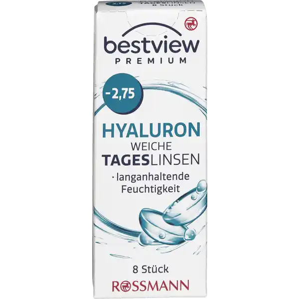 BestView Premium weiche Tageslinsen Hyaluron -2,75: Цвет: https://www.rossmann.de/de/gesundheit-bestview-premium-weiche-tageslinsen-hyaluron--275/p/4719889750079
Produktbeschreibung und details Die bestview Premium Hyaluron weiche Tageslinsen erfllen alle europischen Normen und medizinischen Richtlinien Das zugefgte Hyaluron begnstigt eine Verbesserung der Stabilitt des Trnenfilms Die bestview Tageslinsen besitzen ein spezielles Linsendesign welches eine einfachere Anwendung ermglicht Tageslinsen sind durch ihren tglichen Austausch besonders hygienisch und brauchen nicht gereinigt zu werden Tageslinsen sind besonders zu empfehlen wenn man nur ab und zu Kontaktlinsen trgt etwa beim Sport im Urlaub oder am Wochenende bestview Premium Hyaluron weiche Tageslinsen sind vertrgliche weiche Kontaktlinsen zur Korrektur von Kurzsichtigkeit langanhaltende Feuchtigkeit  Stck Kontaktdaten Dirk Rossmann GmbH Isernhgener Strae   Burgwedel wwwrossmannde Anwendung und Gebrauch Nutzungsdauer  Tag Inhaltsstoffe  Wasser  Etafilcon A Phosphat gepufferte Kochsalzlsung Warnhinweise und wichtige Hinweise Warnhinweise Nicht verwenden bei beschdigter Linsenverpackung Gehen Sie mit Ihren Linsen bitte regelmig zu einer augenrztlichen Kontrolle Folgen Sie den Anweisungen Ihres Kontaktlinsenanpassers Schlafen Sie nicht mit eingesetzter Linse Bitte beachten Sie die beiliegende Gebrauchsinformation
