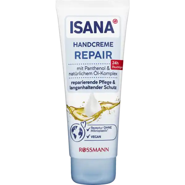 ISANA Handcreme Repair: Цвет: https://www.rossmann.de/de/pflege-und-duft-isana-handcreme-repair/p/4305615797083
Produktbeschreibung und details Die ISANA HANDCREME REPAIR mit Allantoin eignet sich ideal bei irritierter und beanspruchter Haut Die Rezeptur mit Rizinus Sonnenblumen und Olivenl lindert Trockenheit und Juckreiz und verbessert den Feuchtigkeitsgehalt der Haut Die pflegende Formulierung zieht schnell ein und hinterlsst ein geschmeidiges Hautgefhl Ideal nach hufiger Handdesinfektion Hautvertrglichkeit dermatologisch besttigt und pHhautneutral Diese Rezeptur ist zu  ohne Mikroplastik vegan Kontaktdaten Dirk Rossmann GmbH Isernhgener Strae   Burgwedel wwwrossmannde   UrsprungslandHerkunftsort Deutschland Testurteile Qualittssiegel ampamp Verbandszeichen Inhaltsstoffe Aqua  Glycerin  Cetearyl Alcohol  Isopropyl Palmitate  Glyceryl Stearate  Dicaprylyl Ether  Citric Acid  Panthenol  Tocopheryl Acetate  Allantoin  Tocopherol  Olea Europaea Fruit Oil  Helianthus Annuus Hybrid Oil  Ricinus Communis Seed Oil  Olus Oil  Parfum  Sodium Cetearyl Sulfate  Phenoxyethanol  Benzyl Alcohol  Linalool  Limonene  Hexyl Cinnamal  Benzyl Salicylate  Geraniol  Citronellol  Sodium Hydroxide