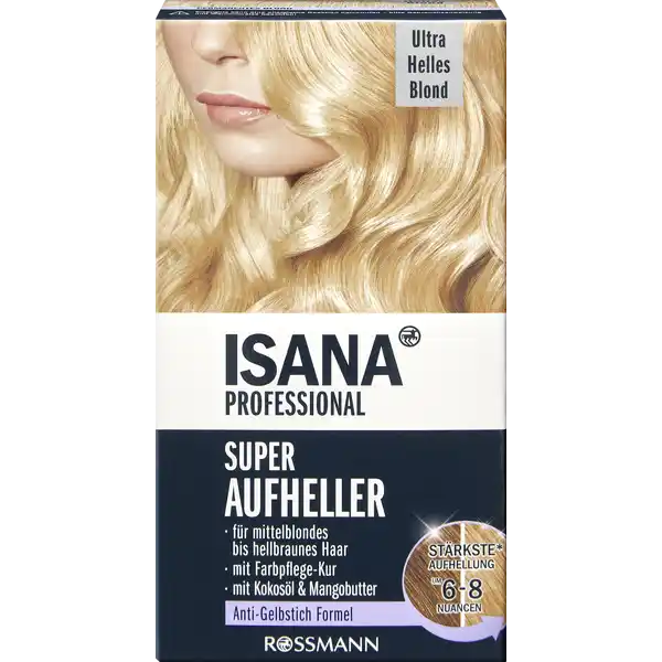 ISANA PROFESSIONAL Super Aufheller Ultra Helles Blond: Цвет: https://www.rossmann.de/de/pflege-und-duft-isana-professional-super-aufheller-ultra-helles-blond/p/4305615897776
Produktbeschreibung und details Der Super Aufheller fr ein ultra helles Blond voller Leuchtkraft und strahlendem Glanz Die hochwertige FarbpflegeKur mit neutralisierenden Pigmenten pflegt das Haar und lsst es strahlen Fr einen hellen khlen Blondton und perfekt aussehendes Haar ohne Gelbstich Kontaktdaten Dirk Rossmann GmbH Isernhgener Str   Burgwedel wwwrossmannde   UrsprungslandHerkunftsort Hergestellt in der EU Anwendung und Gebrauch Komponenten mischen gut schtteln auftragen nach  Min Einwirkzeit aussplen  fertig Empfehlung Bei langem Haar bitte  Packungen verwenden Gebrauch Aufbewahrung und Verwendung Aufbewahrungs und Verwendungsbedingungen Vor starker Lichteinwirkung schtzen und khl lagern Auer Reichweite von Kindern aufbewahren Inhaltsstoffe FARBENTWICKLEREMULSION AQUAWATER HYDROGEN PEROXIDE CETEARYL ALCOHOL CETEARETH CETEARYL ETHYLHEXANOATE ETIDRONIC ACID TETRASODIUM EDTA DISODIUM PYROPHOSPHATE PHOSPHORIC ACID OXYQUINOLINE SULFATE SUPERAUFHELLCREME AQUAWATER CETEARYL ALCOHOL COCAMIDE MEA CETEARETH AMMONIUM HYDROXIDE STEARIC ACID ETHANOLAMINE MYRISTYL ALCOHOL PALMITIC ACID POLYSORBATE  MANGIFERA INDICA SEED BUTTER COCOS NUCIFERA OILCOCONUT OIL BETAINE OLETH PHOSPHATE DISODIUM EDTA OLEYL PHOSPHATE SODIUM HYDROSULFITE PARFUMFRAGRANCE BLONDAKTIVATOR POTASSIUM PERSULFATE AMMONIUM PERSULFATE SODIUM SILICATE MAGNESIUM CARBONATE HYDROXIDE SODIUM METASILICATE SODIUM STEARATE CYAMOPSIS TETRAGONOLOBA GUM GUAR GUM MAGNESIUM STEARATE TRISODIUM PHOSPHATE ORYZA SATIVA STARCH  RICE STARCH DISODIUM LAURYL SULFOSUCCINATE PARAFFINUM LIQUIDUM MINERAL OIL XANTHAN GUM DISODIUM EDTA PARFUM FRAGRANCE CI  ULTRAMARINES FARBPFLEGEKUR AQUAWATER CETEARYL ALCOHOL CETRIMONIUM CHLORIDE BEHENTRIMONIUM CHLORIDE MANGIFERA INDICA SEED BUTTER COCOS NUCIFERA OIL COCONUT OIL C ALKYL LACTATE QUATERNIUM PROPYLENE GLYCOL ISOPROPYL ALCOHOL CITRIC ACID PHENOXYETHANOL ETHYLHEXYLGLYCERIN PARFUMFRAGRANCE CI EXT DampampC VIOLET NO Warnhinweise und wichtige Hinweise Warnhinweise Haarfrbemittel knnen schwere allergische Reaktionen hervorrufen Bitte folgende Hinweise lesen und beachten Dieses Produkt ist nicht fr Personen unter  Jahren bestimmtTemporre Ttowierungen mit quotschwarzem Hennaquot knnen das Allergierisiko erhhen Dieses Erzeugnis nicht anwenden wenn Sie einen Ausschlag im Gesicht haben oder wenn Ihre Kopfhaut empfindlich gereizt oder verletzt ist wenn Sie schon einmal nach dem Frben Ihrer Haare eine Reaktion festgestellt haben wenn eine temporre Ttowierung mit quotschwarzem Hennaquot bei Ihnen schon einmal eine Reaktion verursacht hat SuperAufhellcreme enthlt AmmoniakFarbentwicklerEmulsion enthlt Wasserstoffperoxid BlondAktivator enhlt Persulfate Geeignete Handschuhe tragen Nach Anwendung des Produktes die Haare gut aussplen Kontakt mit den Augen vermeiden Sofort Augen splen falls das Erzeugnis mit den Augen in Berhrung gekommen ist Erzeugnis kann allergische Reaktionen hervorrufen die unter Umstnden schwerwiegend sein knnen Gebrauchsanweisung und Warnhinweise auf der Packungsbeilage beachten Vor und nach der Aufhellung keine Dauerwelle verwenden Nicht bei geschdigtem Haar oder sehr feinem Haar anwenden Nicht anwenden bei empfindlicher entzndeter oder verletzter Kopfhaut Nicht zur Aufhellung von Wimpern Augenbrauen und sonstiger Gesichts und Krperbehaarung verwenden BlondAktivatorPulver nicht einatmen Nicht bei Kindern anwenden Nur zur ueren Anwendung