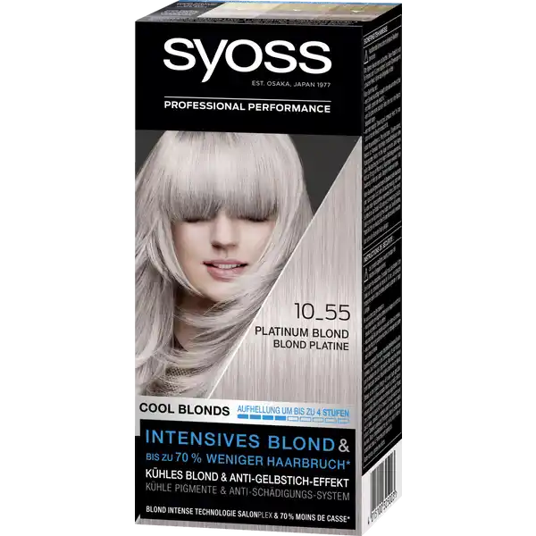 Syoss Professional Performance Cool Blonds 10_55 Platinum Blond: Цвет: Produktbeschreibung und details Intensives Blond und bis zu  weniger Haarbruch  syoss Cool Blonds mit khlen Pigmenten fr khles Blond und AntiGelbstich Effekt Khles Platinblond mit AntiGelbtstichEffekt hellt um bis zu  Stufen auf bis zu  weniger Haarbruch und gesund aussehendes Haar Blond Salonplex Technolgoie Die professionelle Formel mit BlondPigmentMix hellt das Haar um bis zu  Stufen auf und verleiht dem Haar eine khle blonde Farbe Die Blond SALONPLEX Technologie sorgt zudem fr bis zu  weniger Haarbruch  fr kristallklares Blond im Vergleich zu unbehandeltem Haar Kontaktdaten Schwarzkopf ampamp Henkel GmbH D Dsseldorf wwwsyossde     Anwendung und Gebrauch Bitte Gebrauchsanweisung beachten
https://www.rossmann.de/de/pflege-und-duft-syoss-professional-performance-cool-blonds-10_55-platinum-blond/p/4015100325003