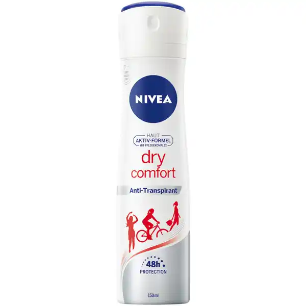 NIVEA Anti-Transpirant Spray Dry Comfort: Цвет: Produktbeschreibung und details NIVEA Deo Dry Comfort bietet  Stunden lang einen zuverlssigen AntiTranspirantSchutz vor Achselnsse und Krpergeruch Die wirksame Formel mit Mineralien und der angenehm milde Duft sorgen dabei fr eine wohltuende Frische unter den Achseln Das AntiTranspirant Spray ist nun als LightWeight Can in einer nachhaltigeren Dose verfgbar und sorgt fr ein trockenes Hautgefhl schtzt effektiv vor Achselnsse und Krpergeruch   Stunden lang Haut AktivFormel mit Pflegekomplex trockenes frisches Hautgefhl Hautvertrglichkeit dermatologisch besttigt Kontaktdaten Beiersdorf AG D Hamburg wwwniveade  UrsprungslandHerkunftsort EU Anwendung und Gebrauch Wenden Sie das Spray am besten nach dem Duschen an Vor Gebrauch gut schtteln Nicht in die Augen sprhen Aus  cm Entfernung unter die Achsel sprhen Einwirken lassen Inhaltsstoffe Butane Isobutane Propane Cyclomethicone Aluminum Chlorohydrate Isopropyl Palmitate Aluminum Sesquichlorohydrate Magnesium Aluminum Silicate Persea Gratissima Oil Octyldodecanol Disteardimonium Hectorite Dimethicone Propylene Carbonate Dimethiconol Benzyl Alcohol Limonene Geraniol Citronellol Parfum Warnhinweise und wichtige Hinweise Warnhinweise GEFAHR Extrem entzndbares Aerosol Behlter steht unter Druck Kann bei Erwrmung bersten Von Hitze heien Oberflchen Funken offenen Flammen und anderen Zndquellen fernhalten Nicht rauchen Nicht gegen offene Flamme oder andere Zndquelle sprhen Nicht in die Augen sprhen Nicht auf gereizter oder geschdigter Haut anwenden Nicht durchstechen oder verbrennen auch nicht nach Gebrauch Benutzung nur entsprechend Verwendungszweck Vor Sonnenbestrahlung schtzen Nicht Temperaturen ber C aussetzen Darf nicht in die Hnde von Kindern gelangen Nur entleerte Dosen in die Wertstoffsammlung geben
https://www.rossmann.de/de/pflege-und-duft-nivea-anti-transpirant-spray-dry-comfort/p/4005900843685