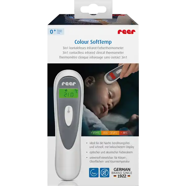 reer Colour SoftTemp 3in1 kontaktloses Infrarot-Fieberthermometer: Цвет: Produktbeschreibung und details Fieber ist keine Krankheit sondern eine Schutzreaktion des Krpers gegenber Infektionen Die Temperaturerhhung bewirkt dass der Krper gegen die verschiedensten Krankheitserreger aus eigener Kraft vorgeht Mit dem Colour SoftTemp Fieberthermometer kannst Du schnell und unkompliziert die Temperatur berprfen Es ist fr Babys Kleinkinder und Erwachsene geeignet Es ermglicht besonders sanftes Fiebermessen Das Colour SoftTemp bietet Dir eine schnelle und unkomplizierte Alternative fr eine erste Fiebermessung dank der InfrarotTechnik erfolgt das Fiebermessen kontakt und schmerzlos innerhalb von einer Sekunde Es gestaltet das Messen der Krpertemperatur so komfortabel wie mglich inkl Batterien misst Krper Oberflchen und Raumtemperatur extra groes beleuchtetes LCDDisplay dreistufiger optischer Fieberalarm grn ampltC orange C rot ampgtC akustischer Fieberalarm ampgtC abschaltbarer Signalton Messung innerhalb  Sekunde Messwertspeicher  Speicherpltze einfache berhrungsfreie Temperaturmessung automatische Abschaltfunktion nach ca  Sekunden Kontaktdaten reer GmbH Mhlstrae   Leonberg wwwreerde Anwendung und Gebrauch Beiliegende Gebrauchs und Sicherheitshinweise beachten Hinweise zur Elektrogerte und Batterieentsorgung Hinweise zur Entsorgung von Elektrogerten und Batterien httpswwwrossmanndedeserviceundhilfeelektrogesetzbatteriegesetz
https://www.rossmann.de/de/baby-und-spielzeug-reer-colour-softtemp-3in1-kontaktloses-infrarot-fieberthermometer/p/4013283980507