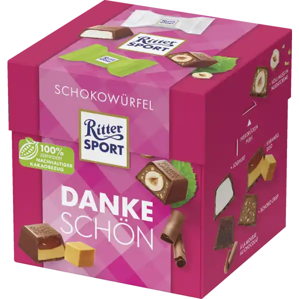 Ritter Sport Schokowrfel Dankeschn Box: Цвет: Produktbeschreibung und details Bitteschn Das ideale Dankeschn Manchmal will man einfach nur Dankeschn sagen Und manchmal will man am liebsten fnffach Danke sagen Genau fr diese Momente gibt es unseren Schokowrfel Dankeschn Mit den fnf leckeren Sorten Joghurt VollNuss in Nugatcreme  la Mousse au Chocolat Schoko Crisp und Karamell Duo war Danke sagen noch nie so kstlich  zertifiziert nachhaltiger Kakaobezug Lebensmittelunternehmer Name Alfred Ritter GmbH ampamp Co KG Adresse D Waldenbuch  Deutschland  Rechtlich vorgeschriebene Produktbezeichnung Mischung aus gefllten Vollmilchschokoladen Gefllte Vollmilchschokolade mit MagermilchjoghurtCreme   Gefllte Vollmilchschokolade mit Schokoladencreme   und KeksCrisp   Gefllte Vollmilchschokolade mit flssigem Karamell   auf KaramellCreme   Gefllte Vollmilchschokolade mit einer ganzen Haselnuss   in Nussnugatcreme   mit HaselnussStckchen   und Reisflakes   Gefllte AlpenVollmilchschokolade mit einer aufgeschlagenen Kakaocreme   Zutaten Zucker Palmfett Kakaobutter Voll MILCH pulver Kakaomasse Mager MILCH pulver LAKTOSE  Mager MILCH joghurtpulver BUTTER reinfett HASELNSSE  GlukoseFruktoseSirup HASELNUSS masse BUTTER  S MOLKE  magerer Kakao Maltodextrin gezuckerte Kondens MILCH  HASELNSSE gehackt Emulgator Lecithine  SOJA  WEIZEN mehl Mager MILCH  SAHNE  SAHNE pulver Kokosl Reis Salz WEIZEN malz WEIZEN strke GERSTE nmalzextrakt zertifiziert nachhaltig Rainforest Alliance Certified Kann Spuren von ERDNSSEN  anderen SCHALENFRCHTEN und EI enthalten Nhrwerte Durchschnittliche Nhrwertangaben pro  g Energie  kj   kcal Fett  g davon  gesttigte Fettsuren  g Kohlenhydrate  g davon  Zucker  g Eiwei  g Salz  g Gebrauch Aufbewahrung und Verwendung Aufbewahrungs und Verwendungsbedingungen Vor Wrme und Feuchtigkeit schtzen Warnhinweise und wichtige Hinweise Warnhinweise Kakao  mindestens in der Vollmilchschokolade
https://www.rossmann.de/de/lebensmittel-ritter-sport-schokowuerfel-dankeschoen-box/p/4000417652706