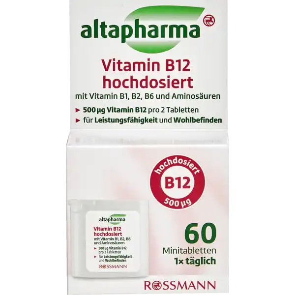 altapharma Vitamin B12 hochdosiert 60 Minitabletten: Цвет: https://www.rossmann.de/de/gesundheit-altapharma-vitamin-b12-hochdosiert-60-minitabletten/p/4305615749136
Produktbeschreibung und details Ein normaler Energiestoffwechsel und eine normale Funktion des Nervensystems sind in der heutigen Zeit unerlsslich um die tglichen Anforderungen des Alltags zu meistern Vitamin B trgt zu einem normalen Energiestoffwechsel und zur Verringerung von Mdigkeit und Ermdung bei Die Vitamine B B und B tragen zu einer normalen Funktion des Nervensystems bei Die altapharma Vitamin B Minitabletten gestellt sind ein hochwertiges Nahrungsergnzungsmittel her und kontrolliert nach internationalen Qualittsrichtlinien  tglich mit Vitamin B B B und Aminosuren g Vitamin B pro  Tabletten fr Leistungsfhigkeit und Wohlbefinden laktosefrei glutenfrei fr Veganer geeignet Kontaktdaten Dirk Rossmann GmbH Isernhgener Strae   Burgwedel wwwrossmannde     Zutaten Fllstoff Mikrokristalline Cellulose LGlutamin Fllstoff Polyvinylpyrrolidon LSerin Trennmittel Tricalciumphsophat Siliciumdioxid Magnesiumsalze der Speisefettsuren Cyanocobalamin Riboflavinphosphat Natrium Pyridoxinhydrochlorid Thiaminhydrochlorid Laktosefrei glutenfrei Fr Veganer geeignet Nhrwerte Durchschnittliche Nhrwertangaben pro  Portion pro  Tabletten NRV Vitamin B Thiamin  mg   Vitamin B Riboflavin  mg   Vitamin B  mg   Vitamin B  g   Anwendung und Gebrauch x tglich eine Minitablette oder x tglich  Minitabletten mit Flssigkeit verzehren Gebrauch Aufbewahrung und Verwendung Aufbewahrungs und Verwendungsbedingungen Khl trocken und vor Licht geschtzt aufbewahren Warnhinweise und wichtige Hinweise Warnhinweise Auerhalb der Reichweite von kleinen Kindern aufbewahren Nicht geeignet fr Schwangere Stillende und Kinder unter  Jahren Die angegebene empfohlene tgliche Verzehrsmenge darf nicht berschritten werden Nahrungsergnzungsmittel sind kein Ersatz fr eine abwechslungsreiche ausgewogene Ernhrung und eine gesunde Lebensweise