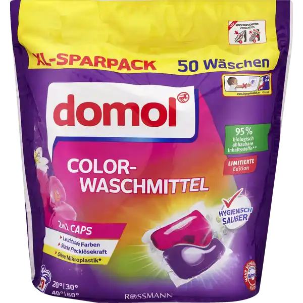 domol 2in1 Caps Colorwaschmittel XL Sparpack: Цвет: https://www.rossmann.de/de/haushalt-domol-2in1-caps-colorwaschmittel-xl-sparpack/p/4068134002303
Produktbeschreibung und details Freuen Sie sich auf starke Reinigungskraft fr Ihre Wsche Die domol Colorwaschmittel in Caps sorgen dank ihrem kraftvollen KammernSystem mit starker Flecklsekraft fr Reinheit und leuchtende Farben mit aktivem Farbampamp Faserschutz herrlich tropischer HibiskusDuft fr leuchtende Farben starke Fettlsekraft ohne Mikroplastik hygienisch sauber Kontaktdaten Dirk Rossmann GmbH Isernhgener Strae   Burgwedel wwwrossmannde  UrsprungslandHerkunftsort EU Anwendung und Gebrauch Anzahl der domol Colorwaschmittel Capsentsprechend der Dosierempfehlung beachten domol Caps hinten in die leere Trommel legen Anschlieend die Wsche hinzugeben Verpackung nach jeder Entnahme wieder gutverschlieen Dosierungsempfehlung   Cap   Waschladung  kg Trockenwsche bei weicher oder mittlerer Wasserhrte  Caps   Waschladung ampgt  kg oder bei stark verschmutzter Wsche undoder hartem Wasser Die Wasserhrte ist bei Ihrem rtlichen Wasserwerk in Erfahrung zu bringen Waschhinweise  Die Pflegehinweise in den Textilien beachten Wsche nach Farben und Verschmutzungsgrad sortieren Hartnckige Flecken bei Bedarf vorbehandeln Fr weie Wsche empfehlen wir domol Vollwaschmittel in Caps Nicht fr Wolle und Seide geeignet Nicht fr Kurzprogramm geeignet Gebrauch Aufbewahrung und Verwendung Aufbewahrungs und Verwendungsbedingungen Packung khl trocken und verschlossen lagernVor Licht und Feuchtigkeit geschtzt aufbewahrenVor Frost schtzen Inhaltsstoffe  anionische Tenside nichtionische Tenside  Seife unter  Phosphonate Weitere Inhaltsstoffe Enzyme Duftstoffe Bitrex Rezeptur ohne Mikroplastik nach ECHA Definition Warnhinweise und wichtige Hinweise Warnhinweise ACHTUNG Verursacht Hautreizungen Verursacht schwere Augenreizung Schdlich frWasserorganismen mit langfristiger Wirkung Ist rztlicher Rat erforderlich Verpackung oder Kennzeichnungsetikett bereithalten Darf nicht in die Hnde von Kindern gelangen Nach Gebrauch Hnde grndlich waschen Freisetzung in die Umwelt vermeiden BEI VERSCHLUCKEN Sofort GIFTINFORMATIONSZENTRUMArzt anrufen BEI BERHRUNG MIT DER HAUT Mit viel Wasser Seife waschen BEI KONTAKT MIT DEN AUGEN Einige Minuten lang behutsam mit Wasser splen Eventuell vorhandene Kontaktlinsen nach Mglichkeit entfernen Weiter splen Bei anhaltender Augenreizung rztlichen Rat einholenrztliche Hilfe hinzuziehen InhaltBehlter entsprechend den rtlichen Vorschriften der Entsorgung zufhren