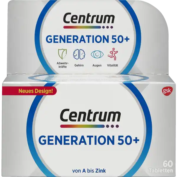 Centrum Generation 50+: Цвет: https://www.rossmann.de/de/gesundheit-centrum-generation-50/p/4260639690164
Produktbeschreibung und details Centrum Generation  bietet ein breites Spektrum an Nhrstoffen um Ihre Ernhrung tglich optimal zu ergnzen  mit allen Vitaminen wichtigen Mineralstoffen und Spurenelementen Abwehrkrfte Vitamin C Zink und Selen untersttzen die Funktion des Immunsystems Gehirn Zink und Eisen untersttzen die Denkfunktion Augen Vitamin A und Zink untersttzen die Sehkraft Vitalitt Vitamin B und B untersttzen den Energiestoffwechsel Lebensmittelunternehmer Name GlaxoSmithKline Consumer Healthcare GmbH ampamp Co KG Adresse D Mnchen wwwcentrumonlinede Rechtlich vorgeschriebene Produktbezeichnung Nahrungsergnzungsmittel mit Vitaminen Mineralstoffen und Spurenelementen fr Erwachsene ab  Zutaten Calciumhydrogenphosphat Magnesiumoxid LAscorbinsure Fllstoffe E  E  E  Kaliumchlorid Trennmittel E b E  E b E  DLalphaTocopherylacetat Nicotinamid Calciumcarbonat CalciumDPantothenat EisenIIfumarat Zinkoxid ManganIIsulfat BetaCarotin Pyridoxinhydrochlorid Thiaminmononitrat Riboflavin pflanzliche le Kokos Palmkernl Kupfersulfat DBiotin Retinylacetat Pteroylmonoglutaminsure ChromIIIchlorid Natriummolybdat Kaliumjodid Natriumselenat Phyllochinon Cholecalciferol Cyanocobalamin Farbstoff E  Nhrwerte Durchschnittliche Nhrwertangaben pro  Portion  Tablette NRV Calcium  mg   Phosphor  mg   Magnesium  mg   Eisen   Zink  g   Kupfer   Mangan  mg   Selen  g   Chrom  g   Molybdn  g   Jod  g   Vitamin A  g   Vitamin D  g   Vitamin E  mg   Vitamin K  g   Vitamin C  mg   Niacin  mg   Vitamin B   Folsure  g   Vitamin B  g   Biotin  g   Pantothensure  mg   Anwendung und Gebrauch  Tablette pro Tag mit Flssigkeit einnehmen Gebrauch Aufbewahrung und Verwendung Aufbewahrungs und Verwendungsbedingungen Nicht verwenden wenn die Schutzfolie vor erstmaligem Gebrauch beschdigt ist Trocken und nicht ber C lagern Auerhalb der Reichweite von Kindern lagern Dose nach Gebrauch wieder verschlieen Warnhinweise und wichtige Hinweise Warnhinweise Die empfohlene Verzehrmenge pro Tag darf nicht berschritten werden Auf den Verzehr weiterer zinkhaltiger Nahrungsergnzungsmittel sollte verzichtet werden Falls Sie schwanger sind fragen Sie vor der Einnahme Ihren Arzt weil dieses Produkt Vitamin A enthlt Nahrungsergnzungsmittel sind kein Ersatz fr eine ausgewogene abwechslungsreiche Ernhrung und eine gesunde Lebensweise