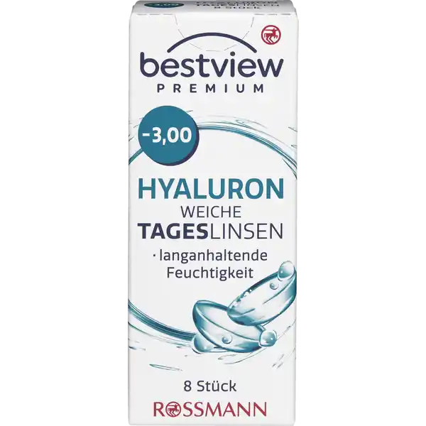 BestView Premium weiche Tageslinsen Hyaluron -3,00: Цвет: https://www.rossmann.de/de/gesundheit-bestview-premium-weiche-tageslinsen-hyaluron--300/p/4719889750086
Produktbeschreibung und details Die bestview Premium Hyaluron weiche Tageslinsen erfllen alle europischen Normen und medizinischen Richtlinien Das zugefgte Hyaluron begnstigt eine Verbesserung der Stabilitt des Trnenfilms Die bestview Tageslinsen besitzen ein spezielles Linsendesign welches eine einfachere Anwendung ermglicht Tageslinsen sind durch ihren tglichen Austausch besonders hygienisch und brauchen nicht gereinigt zu werden Tageslinsen sind besonders zu empfehlen wenn man nur ab und zu Kontaktlinsen trgt etwa beim Sport im Urlaub oder am Wochenende bestview Premium Hyaluron weiche Tageslinsen sind vertrgliche weiche Kontaktlinsen zur Korrektur von Kurzsichtigkeit langanhaltende Feuchtigkeit  Stck Kontaktdaten Dirk Rossmann GmbH Isernhgener Strae   Burgwedel wwwrossmannde Anwendung und Gebrauch Nutzungsdauer  Tag Inhaltsstoffe  Wasser  Etafilcon A Phosphat gepufferte Kochsalzlsung Warnhinweise und wichtige Hinweise Warnhinweise Nicht verwenden bei beschdigter Linsenverpackung Gehen Sie mit Ihren Linsen bitte regelmig zu einer augenrztlichen Kontrolle Folgen Sie den Anweisungen Ihres Kontaktlinsenanpassers Schlafen Sie nicht mit eingesetzter Linse Bitte beachten Sie die beiliegende Gebrauchsinformation