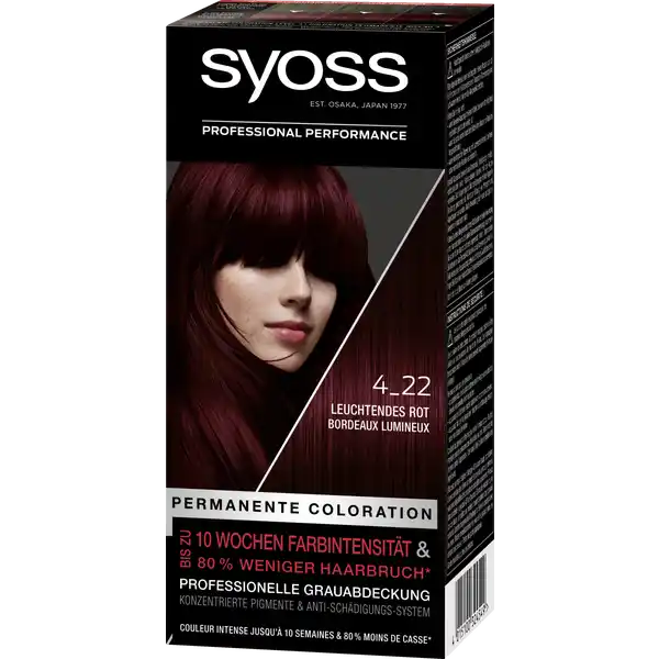 Syoss Professional Performance permanente Coloration 4_22 Leuchtendes Rot: Цвет: Produktbeschreibung und details Sie suchen intensive lang anhaltende Farbergebnisse und geschtztes Haar  wie vom Friseur maximale Farbintensitt und lange Hahltbarkeit mit AntiSchdigungsPflege fr eine Erneuerung von Haarfaserbindungen und bis zu  weniger Haarbruch professionelle Grauabdeckung SALONPLEX Technologie Die SALONPLEX AntiSchdigungsPflegeTechnologie wirkt in  Schritten  Sie gleicht Haarschden aus erneuert die Haarfaserbindungen und reduziert damit Haarbruch um bis zu   Sie versiegelt die Haarfaser nach dem Colorieren von auen und schtzt so vor Farbverblassen Gepflegtes und geschtztes Haar fr lang anhaltende und intensive Farbergebnisse im Vergleich zu unbehandeltem Haar Kontaktdaten Schwarzkopf ampamp Henkel GmbH D Dsseldorf wwwsyossde     Anwendung und Gebrauch Bitte Gebrauchsanweisung beachten
https://www.rossmann.de/de/pflege-und-duft-syoss-professional-performance-permanente-coloration-4_22-leuchtendes-rot/p/4015100324549