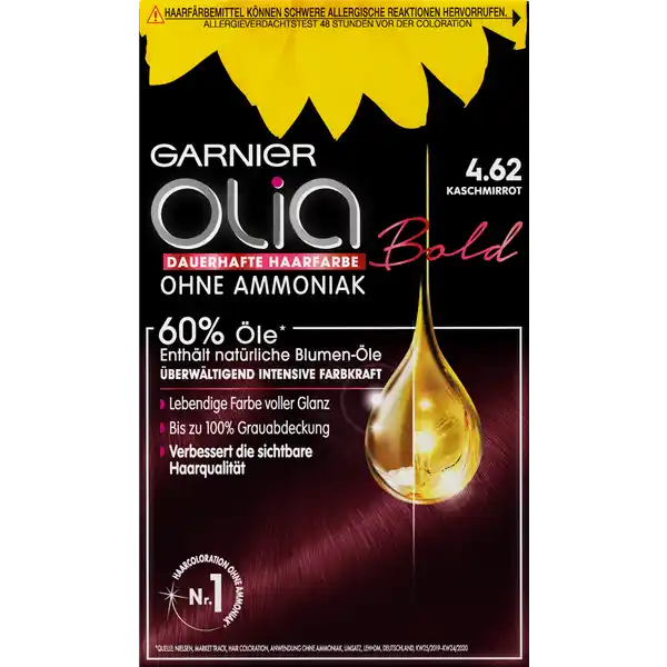 Garnier Olia dauerhafte Haarfarbe 4.62 Kaschmirrot: Цвет: Produktbeschreibung und details Garnier Olia Nr  in Kaschmirrot verleiht den Haaren ein langanhaltendes elegantes Dunkelrot Die dauerhafte Haarfarbe ohne Ammoniak sorgt fr intensive Farbkraft und geschmeidiges glnzendes Haar Die ColorationsCreme ist zu   mit len angereichert Diese aktivieren die strahlende Kraft der Farbe indem sie die hochwirksamen Pigmente tief in der Haarfaser verankern Auch graues Haar wird zuverlssig abgedecktGleichzeitig verwhnt die Coloration das Haar mit reichhaltiger Pflege fr eine sichtbar verbesserte HaarqualittDie cremigsamtige Textur von Garnier Olia tropft nicht und lsst sich mhelos und gleichmig auftragen Dabei entfaltet sie einen zart blumigen Duft enthlt  Tube EntwicklerCreme g  Tube ColorationsCreme  g  Olia Auftragsflasche  Tube Seide ampamp Glanz Pflegekur  ml  Paar Handschuhe Kontaktdaten LORAL Deutschland GmbH  Geschftsbereich LOral Paris Johannstrae   Dsseldorf wwwoliade  zu Festnetzgebhren nach Tarif Ihres Telefonanbieters UrsprungslandHerkunftsort Belgien Anwendung und Gebrauch Machen Sie  Stunden vor der Anwendung den Allergieverdachtstest Decken Sie Ihre Kleidung mit einem alten Handtuch ab und ziehen Sie die beiliegenden Einweghandschuhe an Entsprechend der Gebrauchsanweisung mischen Sie nun die Entwicklercreme mit der Colorationscreme in dem beiliegenden Olia Applikator Die fertige Mischung wird nun direkt auf das trockene ungewaschene Haar entlang des Scheitels aufgetragen und mit den Fingern vom Ansatz aus verteilt Lassen Sie die Farbe entsprechend der jeweiligen Angaben Ihrer Coloration einwirken Splen Sie anschlieend die Farbe mit warmen Wasser aus Gebrauch Aufbewahrung und Verwendung Aufbewahrungs und Verwendungsbedingungen Trocken lagern und Augenkontakt vermeiden Inhaltsstoffe ColorationsCreme Paraffinum Liquidum  Mineral Oil Aqua  Water Ethanolamine Steareth CaprylylCapryl Glucoside Polysorbate  Steareth AminoHydroxytoluene PAminophenol AminoChloroOCresolAscorbic Acid Hydroxyehoxy Aminopyrazolopyridine HCL Sodium Metabisulfite Thioglycerin TolueneDiamine Polyquaternium Helianthus Annuus Seed Oil  Sunflower Seed Oil MethylHydroxyethylaminophenol Limnanthes Alba Seed Oil  Meadowfoam Seed Oil Camellia Oleifera Seed Oil Passiflora Incarnata  Passiflora Incarnata Seed Oil EDTA Parfum  Fragrance FIL C EntwicklerCreme AquaWater Paraffinum Liquidum  Mineral Oil Cetearyl Alcohol Hydrogen Peroxide Steareth PEG Rapeseedamide Tocopherol Sodium Salicylate Polyquaternium Phosphoric Acid Tetrasodium Etidronate Tetrasodium Pyrophosphate Hexadimethrine Chloride Glycerin FIL C Seide ampamp Glanz Pflegekur zur Mehrfachanwendung AquaWater Cetearyl Alcohol Behentrimonium Chloride Cetyl Esters Tocopherol Trideceth Chlorhexidine Digluconate Helianthus Annuus Seed Oil  Sunflower Seed Oil Camellia Oleifera Seed Oil Amodimethicone Isopropyl Alcohol Citric Acid Cetrimonium Chloride Parfum  Fragrance FIL C Warnhinweise und wichtige Hinweise Warnhinweise HAARFRBEMITTEL KNNEN SCHWERE ALLERGISCHE REAKTION HERVORRUFEN Bitte folgende Hinweise lesen und beachten Dieses Produkt ist nicht fr Personen unter  Jahren bestimmt TEMPORRE TTOWIERUNGEN MIT quotSCHWARZEM HENNAquot KNNEN DAS ALLERGIERISIKO ERHHEN Frben Sie Ihre Haare nicht wenn Sie einen Ausschlag im Gesicht haben oder wenn Ihre Kopfhaut empfindlich gereizt oder verletzt ist wenn Sie schon einmal nach dem Frben Ihrer Haare eine Reaktion festgestellt haben wenn eine temporre Ttowierungen mit quotschwarzem Hennaquot bei Ihnen schon einmal eine Reaktion verursacht hat DAS NICHTBEACHTEN EINER VORLIEGENDEN ALLERGIE KANN LEBENSBEDROHLICH SEIN Es ist unbedingt erforderlich einen ALLERGIEVERDACHTSTEST  STUNDEN VOR jeder Anwendung des Produktes durchzufhren auch wenn Sie Haarfarben bereits frher verwendet haben Denken Sie deshalb daran das Produkt  Stunden vorher zu kaufen Gebrauchsanweisung beachten Bei einer Reaktion oder falls Sie Fragen zur persnlichen Vertrglichkeit haben wenden Sie sich vor Anwendung einer Haarfarbe an einen Arzt EntwicklerCreme enthlt Wasserstoffperoxid ColorationsCreme enthlt Phenylendiamine Toluylendiamine Geeignete Handschuhe tragen Diese liegen der Packung bei Kontakt mit den Augen vermeiden Nicht zur Frbung von Wimpern und Augenbrauen verwenden Sofort Augen splen falls das Erzeugnis mit den Augen in Berhrung gekommen ist Nach Anwendung die Haare gut splen Dieses Produkt frhestens  Tage nach einer Entkruselung Dauerwelle oder einer langanhaltenden Glttung anwenden Nicht anwenden wenn Ihre Haare mit Henna gefrbt oder mit einem Produkt behandelt wurden das schrittweise zur natrlichen Haarfarbe zurckfhrt Darf nicht in die Hnde von Kindern gelangen
https://www.rossmann.de/de/pflege-und-duft-garnier-olia-dauerhafte-haarfarbe-462-kaschmirrot/p/3600541524217