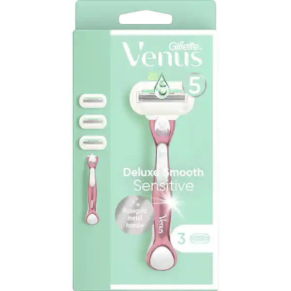 Gillette Venus Rasierer Deluxe Smooth Sensitive Rosegold mit 3 Klingen: Цвет: Produktbeschreibung und details Die Gillette Venus Rasierklingen fr Frauen wurden speziell fr den weiblichen Krper designt Der Gillette Venus Deluxe Smooth Sensitive Rosegold eignet sich perfekt fr empfindliche Haut und schtzt sensible Haut Fr bis zu  Irritationen USMarktdaten Feb  Alle VenusKlingen passen auf alle VenusHandstcke auer Simply Venus Kontaktdaten Procter ampamp Gamble  SchwalbachTs Germany wwwgillettevenusde UrsprungslandHerkunftsort China Inhaltsstoffe PEGM PEGM PEG Silica Methyl DiTButyl Hydroxyhydrocinnamate Citric Acid Pentaerythrityl TetraDiTButyl Hydroxyhydrocinnamate Aloe Barbadensis Leaf Juice TrisDiTButylPhosphite BHT
https://www.rossmann.de/de/pflege-und-duft-gillette-venus-rasierer-deluxe-smooth-sensitive-rosegold-mit-3-klingen/p/7702018580781