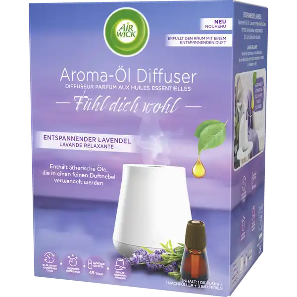 Air Wick Fhl dich wohl Aromal Diffuser Entspannender Lavendel StarterSet: Цвет: Produktbeschreibung und details Air Wick Aromal Diffuser Entspannender Lavendel  Verwandeln Sie Ihr Zuhause in eine WohlfhlOase mit dem aromatischen entspannenden Duft von blhendem Lavendel erfllt den Raum mit einem wohligen Duftnebel aus natrlichen therischen len Duftintensitt und Zeitintervalle sind in  Stufen regulierbar mit StandbyModus fr komfortable Handhabung leise und batteriebetrieben und somit berall verwendbar Kontaktdaten RB Hygiene Home Deutschland GmbH Darwinstr   Heidelberg    Anwendung und Gebrauch Zur Inbetriebnahme des Aromal Diffusers die Haube nach oben abnehmen und die Batterien einsetzen Dann den Deckel des Aromal Flakons abschrauben und das Flakon in den Diffuser hineindrcken bis es im Gert einrastet Anschlieend die Haube des Gerts wieder aufsetzen Durch Schieben des Reglers auf eine der  Intensittsstufen wird das Gert eingeschaltet es leuchtet dann kurz blau auf Sobald eingeschaltet verbreitet der Aromal Diffuser fr  Stunden einen angenehmen Duftnebel in der eingestellten Intensitt und Hufigkeit Nach den  Stunden in Betrieb geht der Diffuser automatisch in einen StandbyModus fr  Stunden und beginnt wieder von vorne Um die Startzeit zu verndern den Diffuser einmal ausschalten und dann am neuen gewnschten Startzeitpunkt wieder auf einschalten Zum Austausch des Flakons wie oben beschrieben vorgehen Gebrauch Aufbewahrung und Verwendung Aufbewahrungs und Verwendungsbedingungen Entsprechend den rtlichen Vorschriften lagern Nur im Originalbehlter aufbewahren Vor direktem Sonnenlicht schtzen Nur in trockenen khlen und gut belfteten Bereichen aufbewahren Nicht zusammen mit unvertrglichen Stoffen und nicht mit Lebensmitteln und Getrnken lagern Behlter bis zur Verwendung dicht verschlossen und versiegelt halten Behlter welche geffnet wurden sorgfltig verschlieen und aufrecht lagern um das Auslaufen zu verhindern Nicht in unbeschrifteten Behltern aufbewahren Zur Vermeidung einer Kontamination der Umwelt geeigneten Behlter verwenden Inhaltsstoffe Enthlt Hydrocarbons CC isoalkanes cyclics weniger als  aromatics Hydrocarbons CC isoalkanes weniger als  aromaticsEnthlt Coumarin hydroxymethylpentylcyclohexenecarbaldehyde Octahydrotetramethyl naphthalenyl ethanone Linalool tertButylcyclohexyl acetate alphaisoMethylionone Limonene deltaTrimethylcyclohexenylbutenone Warnhinweise und wichtige Hinweise Warnhinweise GEFAHR Lesen Sie bitte vor Inbetriebnahme des Gertes die Gebrauchs und Sicherheitshinweise SORGFLTIG durch und bewahren diese gut auf Dieses Gert ist batteriebetrieben NUR DURCH ERWACHSENE ZU VERWENDEN Nicht zur Verwendung durch Kinder und Personen mit eingeschrnkten physischen sensorischen und geistigen Fhigkeiten geeignet SCHALTEN SIE DEN TIMER IMMER AUS BEVOR SIE EINEN FLAKON EINSETZEN Lagern Sie den einmal geffneten Flakon nicht auerhalb des Diffusers Nicht unbeaufsichtigt lassen Leeren Flakon sicher und entfernt von Kindern entsorgen Nur in gut gelfteten Rumen gem Anweisungen verwenden AUSSER REICHWEITE VON KINDERN UND HAUSTIEREN AUFBEWAHREN NICHT VERSCHLUCKEN Personen die auf Duftstoffe empfindlich reagieren sollten dieses Produkt mit Vorsicht verwenden Raumdfte sind kein Ersatz fr gute Haushaltshygiene Nur zur Verwendung im Air Wick Aromal Diffuser Kann bei Verschlucken und Eindringen in die Atemwege tdlich sein Kann allergische Reaktionen hervorrufen Hinweise zur Elektrogerte und Batterieentsorgung Hinweise zur Entsorgung von Elektrogerten und Batterien httpswwwrossmanndedeserviceundhilfeelektrogesetzbatteriegesetz
https://www.rossmann.de/de/haushalt-air-wick-fuehl-dich-wohl-aroma-oel-diffuser-entspannender-lavendel-starter-set/p/4251758402929