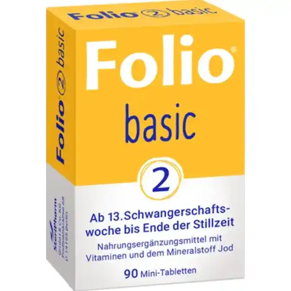 Folio Basic 2: Цвет: https://www.rossmann.de/de/baby-und-spielzeug-folio-basic-2/p/2050000000034
Produktbeschreibung und details Folio  basic enthlt vier wichtige Inhaltsstoffe Folsure Vitamin B Vitamin D und Jod Folio  basic Phase  liefert mit  Mikrogramm Folsure ab der  Schwangerschaftswoche bis zum Ende der Stillzeit die ideale Menge an Folsure Das Vitamin wird im besonderen Mae bentigt da es bei der Zellteilung und dem Wachstum des mtterlichen Gewebes in der Schwangerschaft eine wesentliche Rolle spielt In den Folio  basicTabletten wird Folsure mit Vitamin B kombiniert Das hat einen wichtigen Grund Folsure B kann nur im Beisein von Vitamin B ihre volle Wirkung entfalten Vitamin B wird daher auch als das Helfervitamin der Folsure bezeichnet Vitamin D untersttzt den Erhalt normaler Knochen und Muskelfunktionen und trgt zu einem normal funktionierenden Immunsystem bei Das Vitamin D in den Folio  basicTabletten wird aus Schafwolle gewonnen und anschlieend so hoch aufgereinigt dass keine tierischen DNASpuren nachweisbar sind Nicht zuletzt enthlt Folio  basic Jod  einen wichtigen Mineralstoff der fr die Produktion der Schilddrsenhormone und die Funktion der Schilddrse unabdingbar ist Zudem untersttzt Jod die normalen Funktionen des Nervensystems und Energiestoffwechsels Die MiniTabletten sind frei von Nanopartikeln Laktose Fruktose Gluten Konservierungsstoffen sowie Farb und Aromastoffen Lebensmittelunternehmer Name SteriPharm Pharmazeutische Produkte GmbH ampamp Co KG Adresse Podbielskiallee   Berlin wwwfoliofamiliede Rechtlich vorgeschriebene Produktbezeichnung Nahrungsergnzungsmittel mit Vitaminen und dem Mineralstoff Jod Zutaten Cellulose und Monocalciumphosphat berzugsmittel Hydroxypropylmethylcellulose Trennmittel Magnesiumsalze der Speisefettsuren Pteroylmonoglutaminsure Folsure Kaliumjodid Cholecalciferol Vitamin D Cyanocobalamin Vitamin B Nhrwerte Durchschnittliche Nhrwertangaben pro  Portion pro Tablette NRV Jod  g   Folsure  g   Vitamin B  g   Anwendung und Gebrauch Nehmen Sie ab der  Schwangerschaftwoche tglich eine MiniTablette ein Gebrauch Aufbewahrung und Verwendung Aufbewahrungs und Verwendungsbedingungen Tabletten trocken nicht ber C und unzugnglich fr kleine Kinder lagern Warnhinweise und wichtige Hinweise Warnhinweise Nahrungsergnzungsmittel sollten nicht als Ersatz fr eine ausgewogene und abwechslungsreiche Ernhrung sowie fr eine gesunde Lebensweise verwendet werden Die angegebene empfohlene Verzehrmenge darf nicht berschritten werden