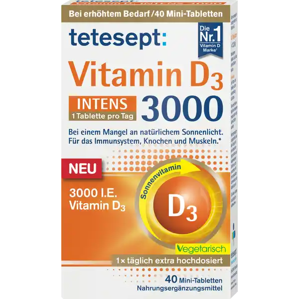 tetesept Vitamin D3 3000 INTENS Mini-Tabletten: Цвет: https://www.rossmann.de/de/gesundheit-tetesept-vitamin-d3-3000-intens-mini-tabletten/p/4008491100939
Produktbeschreibung und details Vitamin D ist fr das Immunsystem Knochen und Muskeln unersetzlich Den Bedarf daran knnen wir entweder durch Sonnenlicht und unsere krpereigene Produktion decken oder ber eine Ernhrung mit Vitamin Dhaltigen Lebensmitteln wie zB fettreichem Fisch Eiern oder Pilzen Laut Nationaler Verzehrstudie  sind  der Frauen und  der Mnner nicht ausreichend mit Vitamin D versorgt und haben somit einen erhhten Bedarf Spezielle Bevlkerungsgruppen mit einem wahrscheinlich erhhten Bedarf an Vitamin D knnten auerdem sein Menschen die sich wenig im Sonnenlicht aufhalten knnen z B Broarbeitende Frauen ab der Menopause ltere Menschen da die Haut mit zunehmenden Alter weniger Vitamin D produzieren kann tetesept Vitamin D  Intens ist extra hochdosiert und enthlt  IE   g Vitamin D Vitamin D ist wichtig fr das Gleichgewicht der Krperfunktionen und trgt bei zu einer normalen Funktion des Immunsystems zum Erhalt normaler Knochen ampamp Zhne zum Erhalt einer normalen Muskelfunktion Lebensmittelunternehmer Name Merz Consumer Care GmbH Adresse Eckenheimer Landstrae   Frankfurt am Main wwwteteseptde UrsprungslandHerkunftsort Deutschland Rechtlich vorgeschriebene Produktbezeichnung Nahrungsergnzungsmittel mit Vitamin D Zutaten Fllstoff Mikrokristalline Cellulose Maltodextrin Strke Trennmittel Magnesiumsalz der Speisefettsure Saccharose berzugsmittel Hydroxypropylcellulose Hydroxypropylmethylcellulose Farbstoff Calciumcarbonat Trennmittel Talkum Speisefettsure l pflanzlich Kokosnuss Cholecalciferol Vitamin D Farbstoff Eisenoxid gelb Nhrwerte Durchschnittliche Nhrwertangaben pro  Portion  Tablette Tagesdosis Referenzwert  Tablette tglich NRV Vitamin D  g   Anwendung und Gebrauch x tglich  Tablette mit ausreichend Flssigkeit unzerkaut verzehren Es wird die Einnahme zu einer Mahlzeit empfohlen Gebrauch Aufbewahrung und Verwendung Aufbewahrungs und Verwendungsbedingungen Fr kleine Kinder unzugnglich aufbewahren Vor Hitze und direkter Lichteinstrahlung schtzen Warnhinweise und wichtige Hinweise Warnhinweise Die empfohlene tgliche Verzehrsmenge darf nicht berschritten werden Nahrungsergnzungsmittel sind kein Ersatz fr eine abwechslungsreiche und ausgewogene Ernhrung die zusammen mit einer gesunden Lebensweise von Bedeutung ist Fr Erwachsene Zustzlich keine weiteren Vitamin Dhaltigen Prparate verzehren