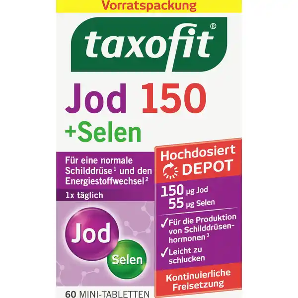 taxofit Jod + Selen Depot Tabletten: Цвет: https://www.rossmann.de/de/gesundheit-taxofit-jod--selen-depot-tabletten/p/4008617121664
Produktbeschreibung und details Alle die auf ihren Krper achten sollten auch die Schilddrse im Blick haben Jod wird fr die Produktion der Schilddrsenhormone bentigt die einen Einfluss auf den Hormonhaushalt und den Energiestoffwechsel haben Selen spielt eine Rolle bei der Regulierung dieser Schilddrsenhormone Jod und Selen knnen vom Krper nicht selbst gebildet werden Im Falle einer unausgewogenen Ernhrung kann es zu einer unzureichenden Zufuhr dieser Spurenelemente kommen Mit taxofit Jod  Selen werden die normale Funktion der Schilddrse und des Energiestoffwechsels untersttzt hochdosiert  g Jod  g Selen fr die Produktion von Schilddrsenhormonen leicht zu schlucken kontinuierliche Freisetzung Lebensmittelunternehmer Name MCM Klosterfrau Adresse D Kln wwwtaxofitde Rechtlich vorgeschriebene Produktbezeichnung Nahrungsergnzungsmittel mit Mineralstoffen Zutaten Fllstoffe Calciumphosphate Cellulose Stabilisator Hydroxypropylmethylcellulose pflanzliches Fett Palml ganz gehrtet Trennmittel Mono und Diglyceride von Speisefettsuren Magnesiumsalze der Speisefettsuren Magnesiumcarbonate berzugsmittel Hydroxypropylcellulose Speisefettsuren Polyethylenglycol Kaliumjodid Natriumselenit Farbstoff Calciumcarbonat Nhrwerte Durchschnittliche Nhrwertangaben pro  Portion  Stck Tagesdosis Referenzwert NRV Nhrstoffbezugswerte fr Erwachsene nach der LebensmittelInformationsverordnung NRV Selen  g   Jod  g   Anwendung und Gebrauch  Tablette tglich mit etwas Flssigkeit zu einer Mahlzeit unzerkaut schlucken Gebrauch Aufbewahrung und Verwendung Aufbewahrungs und Verwendungsbedingungen Bitte trocken und nicht ber  C lagern Warnhinweise und wichtige Hinweise Warnhinweise Nahrungsergnzungsmittel sollten nicht als Ersatz fr eine ausgewogene und abwechslungsreiche Ernhrung verwendet werden oder eine gesunde Lebensweise ersetzen Die angegebene empfohlene tgliche Verzehrsmenge darf nicht berschritten werden Auerhalb der Reichweite von kleinen Kindern lagern Bei einer Schilddrsenberfunktion drfen keine jodhaltigen Produkte verzehrt werden Nur fr Erwachsene