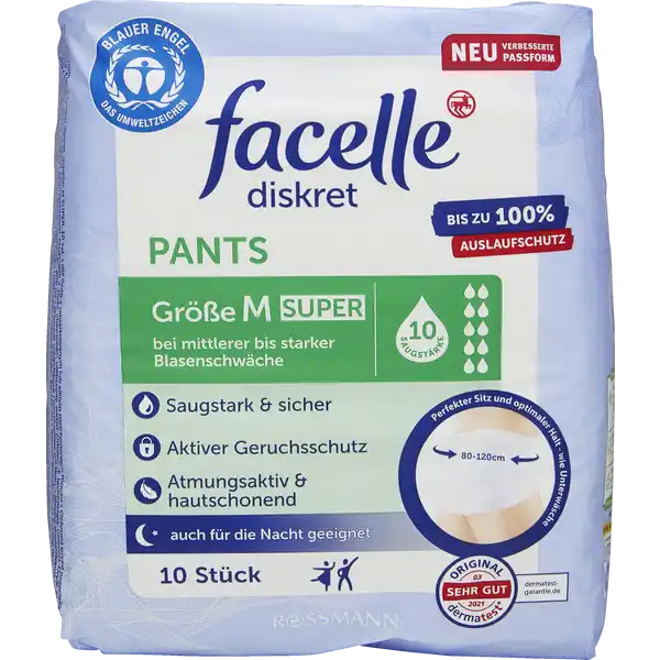 facelle diskret Pants super, Gr. M: Цвет: Produktbeschreibung und details Hohe Saugleistung Der Saugkern mit ComfortDry Technologie sorgt fr eine optimale Flssigkeitsverteilung Die Flssigkeit wird schnell und sicher ins Innere der Pants geleitet fr ein langanhaltendes Trockenheitsgefhl Elastische Innenbndchen beugen dem Auslaufen vor und sorgen fr maximale Sicherheit Maximale Saugleistung  ml Tragekomfort Die extra weiche Oberflche vermittelt ein Gefhl wie Baumwolle und sorgt fr einen angenehmen Tragekomfort Die Hautfreundlichkeit ist dermatologisch besttigt Die textilhnliche und atmungsaktive Auenseite ist besonders weich und diskret Diskrete Passform Der schmale Saugkrper sowie die optimale Passform mit extra weichem Bundmaterial sorgen fr einen bestmglichen Tragekomfort Sie sind so diskret wie Unterwsche und bieten optimalen Schutz im Alltag Aktiver Geruchsschutz Gerche werden schnell und sicher eingeschlossen Fr ein angenehmes und andauerndes Frischegefhl Fr Frauen und Mnner Lassen Sie sich durch Blasenschwche nicht einschrnken Mit den Produkten von facelle diskret knnen Sie sich ein Stck Normalitt bewahren Gewinnen Sie mehr Lebensqualitt indem Sie unbeschwert durch den Alltag gehen und auch in der Nacht entspannt schlafen Einfach sicher  mit facelle diskret Kontaktdaten Dirk Rossmann GmbH Isernhgener Strae   Burgwedel wwwrossmannde   UrsprungslandHerkunftsort Hergestellt in der EU Testurteile Qualittssiegel ampamp Verbandszeichen
https://www.rossmann.de/de/gesundheit-facelle-diskret-pants-super-gr-m/p/4305615514383