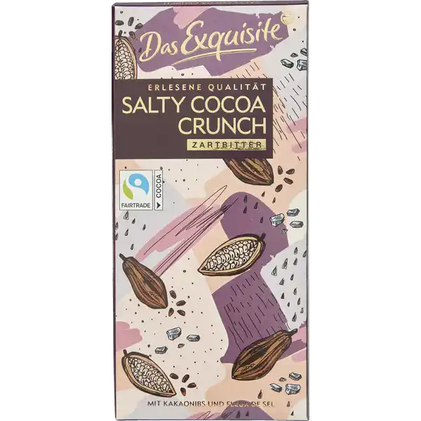 Das Exquisite Salty Cocoa Crunch Zartbitter: Цвет: Produktbeschreibung und details mit Kakaonibs und Fleur de Sel Lebensmittelunternehmer Name Dirk Rossmann GmbH Adresse Isernhgener Strae  Burgwedel wwwrossmannde UrsprungslandHerkunftsort Deutschland Mit Kakaozutaten und Salz aus NichtEU Testurteile Qualittssiegel ampamp Verbandszeichen Rechtlich vorgeschriebene Produktbezeichnung Zartbitterschokolade mit Kakaonibs und Salz Zutaten Zucker Kakaomasse Kakaonibs  Kakaobutter Emulgator Lecithine Meersalz  Vanilleextrakt Kakao  mindestens im Schokoladenanteil Kann Spuren von SCHALENFRCHTEN MILCH und GLUTEN enthalten Nhrwerte Durchschnittliche Nhrwertangaben pro  g Energie  kj   kcal Fett  g davon  gesttigte Fettsuren  g Kohlenhydrate  g davon  Zucker  g Eiwei  g Salz  g Gebrauch Aufbewahrung und Verwendung Aufbewahrungs und Verwendungsbedingungen Trocken lagern und vor Wrme schtzen
https://www.rossmann.de/de/lebensmittel-das-exquisite-salty-cocoa-crunch-zartbitter/p/4305615929590