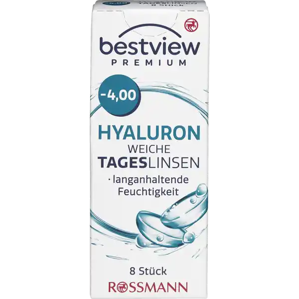 BestView Premium weiche Tageslinsen Hyaluron -4,00: Цвет: https://www.rossmann.de/de/gesundheit-bestview-premium-weiche-tageslinsen-hyaluron--400/p/4719889750123
Produktbeschreibung und details Die bestview Premium Hyaluron weiche Tageslinsen erfllen alle europischen Normen und medizinischen Richtlinien Das zugefgte Hyaluron begnstigt eine Verbesserung der Stabilitt des Trnenfilms Die bestview Tageslinsen besitzen ein spezielles Linsendesign welches eine einfachere Anwendung ermglicht Tageslinsen sind durch ihren tglichen Austausch besonders hygienisch und brauchen nicht gereinigt zu werden Tageslinsen sind besonders zu empfehlen wenn man nur ab und zu Kontaktlinsen trgt etwa beim Sport im Urlaub oder am Wochenende bestview Premium Hyaluron weiche Tageslinsen sind vertrgliche weiche Kontaktlinsen zur Korrektur von Kurzsichtigkeit langanhaltende Feuchtigkeit  Stck Kontaktdaten Dirk Rossmann GmbH Isernhgener Strae   Burgwedel wwwrossmannde Anwendung und Gebrauch Nutzungsdauer  Tag Inhaltsstoffe  Wasser  Etafilcon A Phosphat gepufferte Kochsalzlsung Warnhinweise und wichtige Hinweise Warnhinweise Nicht verwenden bei beschdigter Linsenverpackung Gehen Sie mit Ihren Linsen bitte regelmig zu einer augenrztlichen Kontrolle Folgen Sie den Anweisungen Ihres Kontaktlinsenanpassers Schlafen Sie nicht mit eingesetzter Linse Bitte beachten Sie die beiliegende Gebrauchsinformation