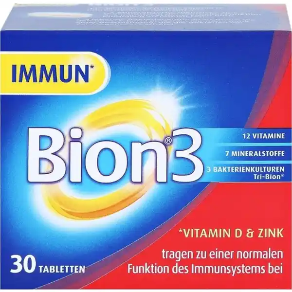 Bion 3 Immun: Цвет: https://www.rossmann.de/de/gesundheit-bion-3-immun/p/8001841988658
Produktbeschreibung und details  Vitamine inklusive Vitamin D das die normale Funktion des Immunsystems untersttzt  Mineralstoffe inklusive Zink zur Untersttzung der normalen Funktion des Immunsystems Eisen hilft Mdigkeit zu reduzieren  lebende Bakterienkulturen TriBion die den Darm lebend erreichen knnen  dank einer Beschichtung die die Bakterien vor der Margensure schtzt Lebensmittelunternehmer Name PampampG Health Germany GmbH Adresse Sulzbacher Strae   Schwalbach am Taunus Rechtlich vorgeschriebene Produktbezeichnung Nahrungsergnzungsmittel mit Vitaminen Mineralstoffen und  Bakterienkulturen TriBion Zutaten Trennmittel Calciumphosphate Fllstoff Cellulose LAscorbinsure Magnesiumoxid Inulin DLalphaTocopherylacetat berzugsmittel Hydroxypropylmethylcellulose Maltodextrin Dextrose Trennmittel Mono und Diglyceride von Speisefettsuren Nicotinamid Fllstoff Polyvinylpyrrolidon berzugsmittel Hydroxypropylcellulose Strke Eisensulfat modifizierte Strke Zinkoxid Fllstoff Polyvinylpolypyrrolidon Trennmittel Magnesiumsalze der Speisefettsuren CalciumDpantothenat Fllstoff vernetzte Natriumcarboxymethylcellulose Pyridoxinhydrochlorid Thiaminmononitrat Riboflavin Farbstoff Eisenoxide und Eisenhydroxide Trennmittel Siliciumdioxid Bakterienkulturen Lactobacillus gasseri PA  Bifidobacterium bifidum MF  Bifidobacterium longum SP  Mangansulfat Retinylacetat Zucker Folsure DBiotin Kaliumiodid mittelkettige Triglyceride aus Palml ChromIIIchlorid Natriumselenat Cholecalciferol Cyanocobalamin Kann Spuren von MILCH protein FISCH und SOJA enthalten Nhrwerte Durchschnittliche Nhrwertangaben pro  Portion pro Tablette NRV Magnesium  mg   Eisen  mg   Zink  mg   Mangan  mg   Selen  g   Chrom  g   Jod  g   Vitamin A  g   Vitamin D  g   Vitamin E  mg   Vitamin C  mg   Vitamin B Thiamin  mg   Vitamin B Riboflavin  mg   Niacin  mg   Vitamin B  mg   Folsure  g   Vitamin B  g   Biotin  g   Pantothensure  mg   Anwendung und Gebrauch  Tablette tglich mit einem Glas Wasser einnehmen Nur fr Erwachsene Wir empfehlen eine Verwendung ber  Monate mehrmals im Jahr Warnhinweise und wichtige Hinweise Warnhinweise Empfohlene tgliche Verzehrsmenge nicht berschreiten Nahrungsergnzungsmittel sind kein Ersatz fr eine ausgewogene abwechslungsreiche Ernhrung und gesunde Lebensweise Frauen die schwanger sind oder eine Schwangerschaft planen sollten vor Beginn des Verzehrs ihren Arzt befragen