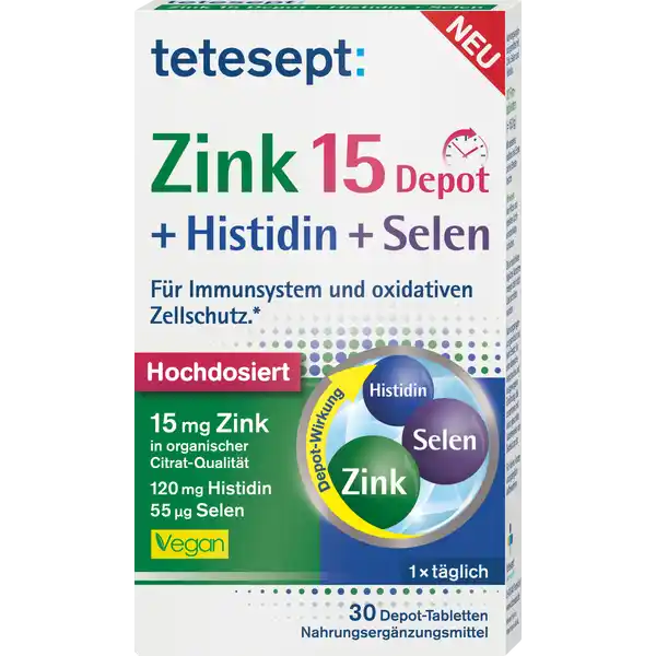 tetesept Zink 15 Depot + Histidin + Selen: Цвет: https://www.rossmann.de/de/gesundheit-tetesept-zink-15-depot--histidin--selen/p/4008491130882
Produktbeschreibung und details Zink und Selen sind essentielle Spurenelemente die im Stoffwechsel viele wichtige Funktionen erfllen Nicht nur in der kalten Jahreszeit sondern auch bei hoher krperlicher Belastung oder Stress ist eine ausreichende Versorgung mit Nhrstoffen notwendig um das Immunsystem zu untersttzen tetesept Zink  Depot Tabletten enthalten eine ausgewogene Kombination aus hochdosiertem Zink Histidin zur Untersttzung der ZinkAufnahme sowie Selen Dank der DepotTechnologie werden die Wirkstoffe ber mehrere Stunden freigegeben und sorgen fr eine gleichmige und langanhaltende Untersttzung des Immunsystems Zink wird in organischer CitratQualitt eingesetzt Citrate sind organische Mineralstoffverbindungen die besonders krperfreundlich sind und in dieser Form effizient vom Krper aufgenommen und verwertet werden knnen trgt zu einer normalen Funktion des Immunsystems bei dank Selen und Zink zum Schutz der Zellen vor oxidativem Stress Lebensmittelunternehmer Name Merz Consumer Care GmbH Adresse Eckenheimer Landstrae   Frankfurt am Main wwwteteseptde Rechtlich vorgeschriebene Produktbezeichnung Nahrungsergnzungsmittel mit Zink Selen und Histidin Zutaten Fllstoff Mikrokristalline Cellulose LHistidin  Fllstoff Hydroxypropylmethylcellulose Zinkcitrat Maltodextrin Trennmittel Magnesiumsalz der Speisefettsuren Farbstoff Calciumcarbonat berzugsmittel Hydroxypropylcellulose Trennmittel Speisefettsure Natriumselenat Nhrwerte Durchschnittliche Nhrwertangaben pro  Portion  TabletteTagesdosis NRV Zink  mg   Selen  g   Anwendung und Gebrauch  x tgl  Tablette unzerkaut mit ausreichend Flssigkeit verzehren Die empfohlene tgliche Verzehrsmenge darf nicht berschritten werden Gebrauch Aufbewahrung und Verwendung Aufbewahrungs und Verwendungsbedingungen Vor Hitze und direkter Lichteinstrahlung schtzen Fr kleine Kinder unzugnglich aufbewahren Warnhinweise und wichtige Hinweise Warnhinweise Die empfohlene tgliche Verzehrsmenge darf nicht berschritten werden Nahrungsergnzungsmittel sind kein Ersatz fr eine abwechslungsreiche und ausgewogene Ernhrung die zusammen mit einer gesunden Lebensweise von Bedeutung ist