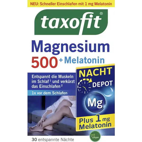 taxofit Magnesium 500 Nacht Tabletten: Цвет: https://www.rossmann.de/de/gesundheit-taxofit-magnesium-500-nacht-tabletten/p/4008617173960
Produktbeschreibung und details Gesunder und erholsamer Schlaf ist elementar fr unser Wohlbefinden und die Voraussetzung um fit und leistungsfhig in den Tag zu starten Um gut schlafen zu knnen sind entspannte Muskeln und Nerven sowie innere Ruhe besonders wichtig Gerade nach einem anstrengenden Tag fhlen sich Muskeln und Nerven beansprucht an hochdosiertes Magnesium wird ber die Nacht freigesetzt und entspannt die Muskeln im Schlaf Melatonin verkrzt die Einschlafzeit Vitamin B sorgt zustzlich fr eine normale Nervenfunktion Vitamin E untersttzt den Zellschutz Lebensmittelunternehmer Name MCM Klosterfrau Vertriebs GmbH Adresse D Kln Rechtlich vorgeschriebene Produktbezeichnung Nahrungsergnzungsmittel mit Magnesium Vitamin B Vitamin E HopfenbltenExtrakt und Melatonin Zutaten Magnesiumoxid Magnesiumcarbonat Fllstoffe Cellulose Hydroxypropylmethylcellulose HopfenbltenExtrakt DLalphaTocopherylacetat Trennmittel Magnesiumsalze der Speisefettsuren Siliciumdioxid Talkum berzugsmittel Glycerin Carnaubawachs Pyridoxinhydrochlorid Melatonin Nhrwerte Durchschnittliche Nhrwertangaben pro  Portion  Stck Tagesdosis Referenzwert NRV Nhrwertbezugswerte fr Erwachsene nach der LebensmittelInformationsverordnung NRV Magnesium  mg   Vitamin E  mg   Vitamin B  mg   Anwendung und Gebrauch  Tablette tglich ca  Stunde vor dem Schlafengehen mit etwas Flssigkeit unzerkaut schlucken Gebrauch Aufbewahrung und Verwendung Aufbewahrungs und Verwendungsbedingungen Bitte trocken und nicht ber  C lagern Warnhinweise und wichtige Hinweise Warnhinweise Nahrungsergnzungsmittel sollten nicht als Ersatz fr eine ausgewogene und abwechslungsreiche Ernhrung verwendet werden oder eine gesunde Lebensweise ersetzen Die angegebene empfohlene tgliche Verzehrsmenge darf nicht berschritten werden Auerhalb der Reichweite von kleinen Kindern lagern Magnesiumprparate knnen bei empfindlichen Personen eine leicht abfhrende Wirkung haben Nur fr Erwachsene geeignet Nicht fr Schwangere und Stillende geeignet