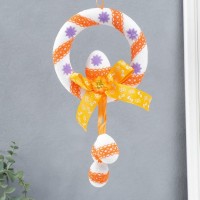 Декор пасхальный подвеска "Веночек - яйцо с бантиком и цветком" оранжевый 16 см: 