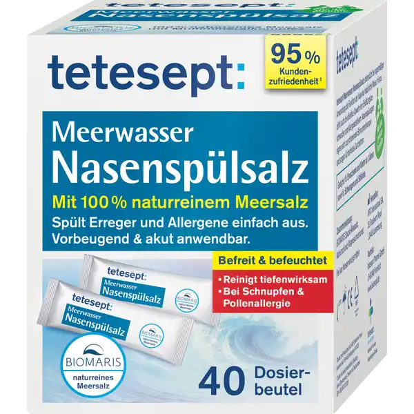 tetesept Meerwasser Nasensplsalz: Цвет: Produktbeschreibung und details Die Nase wird tglich durch Umwelteinflsse wie Staub und Schmutz Allergene Erkltungsviren und andere Krankheitserreger beansprucht Fr die Gesunderhaltung der Nasenschleimhaut ist eine schonende und intensive Tiefenreinigung und Befeuchtung der Nasenhhle wichtig tetesept Meerwasser Nasensplsalz enthlt  naturreines BIOMARIS Meersalz das sich durch einen Multimineralkomplex mit besonders hohem Anteil der wertvollen Mineralien Magnesium und Calcium auszeichnet wobei Calcium effektiv zum Abtransport von Nasensekret beitragen kann Die Nasendusche hilft dabei Infekte vorzubeugen und schafft Linderung bei Beschwerden durch Schnupfen oder Pollenallergie Der Effekt Die Nase wird wieder freier und die Nasenschleimhaut angenehm befeuchtet Damit eignet sich tetesept Meerwasser Splsalz als schonendes natrliches Mittel bei Schnupfen inklusive Nasennebenhhlenbeschwerden bei Heuschnupfen zur Nasenschleimhautpflege und zur Vorbeugung von Infekten tetesept Meerwasser Nasensplsalz ist praktisch vorportioniert in Sachets fr eine  ml Spllsung Es ist besonders schnell lslich mit  naturreinem Meersalz splt Erreger und Allergene einfach aus vorbeugend und akut anwendbar befreit ampamp befeuchtet auch fr Kinder ab  Jahren fr Schwangere ampamp Stillende geeignet Kontaktdaten tetesept pharma gmbh D Frankfurt wwwteteseptde UrsprungslandHerkunftsort Luxemburg Anwendung und Gebrauch tetesept Meerwasser Nasensplsalz ist fr die Anwendung mit handelsblichen Nasenduschen unter Verwendung von  ml Wasser C geeignet Bitte beachten Sie die dortigen Hinweise zum jeweiligen Gebrauch der spezifischen Nasendusche Das zur Herstellung der Spllsung bentigte Wasser sollte immer frisch sein und muss mindestens Trinkwasserqualitt aufweisen Unmittelbar nach operativen Eingriffen oder bei besonderen Krankheitsfllen wie zB cystischer Fibrose kann die Verwendung von sterilem oder abgekochtem Wasser notwendig sein Gebrauch Aufbewahrung und Verwendung Aufbewahrungs und Verwendungsbedingungen Nicht ber C trocken und fr Kinder unzugnglich aufbewahren Inhaltsstoffe BIOMARIS SpezialMeersalz Natriumchlorid Magnesiumcarbonat Warnhinweise und wichtige Hinweise Warnhinweise Wenn Sie sich nach  bis  Tagen nicht besser oder gar schlechter fhlen wenden Sie sich an Ihren Arzt
https://www.rossmann.de/de/gesundheit-tetesept-meerwasser-nasenspuelsalz/p/4008491101493