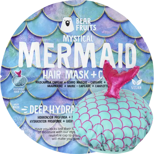 Bear Fruits Mystical Mermaid Hair Mask + Cap: Цвет: Produktbeschreibung und details Fhlen Sie sich wie eine Meerjungfrau  mit der Mystical Mermaid Haarmaske  Haube von Bear Fruits Dank der speziellen veganen Formulierung spendet die Maske Ihrem Haar eindringliche Feuchtigkeit und verleiht ihm atemberaubenden Glanz Die enthaltene Haube ist wiederverwendbar und dient zum Aufsetzen whrend der Einwirkzeit der Haarkur Zudem hat die Mtze die Form eines MeerjungfrauenSchwanzes Tauchen Sie ein in die Tiefen der Meere und genieen Sie Feuchtigkeit welche Ihre Haarpracht zum Glnzen bringt  wie eine Meerjungfrau Maske fr die Haare mit wiederverwendbarer Haube fr die Einwirkzeit spendet Feuchtigkeit vegane Formulierung fr wunderschnen Glanz Kontaktdaten Procter ampamp Gamble  SchwalbachTs Germany Anwendung und Gebrauch Waschen  Haarmaske einmassieren Haube fr  Minuten aufsetzen Aussplen Welt erobern Inhaltsstoffe Aqua Cetearyl Alcohol Butyrospermum Parkii Butter Stearamidopropyl Dimethylamine BisHydroxyMethoxy Amodimethicone Glycerin Betaine Citric Acid Behentrimonium Chloride Palmitamidopropyltrimonium Chloride Parfum Cetrimonium Chloride Dimethicone Propylene Glycol Panthenol Dipropylene Glycol Sodium Benzoate Guar Hydroxypropyltrimonium Chloride Dicaprylyl Ether Lauryl Alcohol PEGM Limonene Trisodium Ethylenediamine Disuccinate Benzyl Salicylate Hexyl Cinnamal Benzyl Alcohol Linalool Coumarin Butylene Glycol Silica CI  Alcohol Denat CI  BHT Sodium Chloride Sodium Sulfate Ecklonia Radiata Extract Tocopherol Warnhinweise und wichtige Hinweise Warnhinweise Darf nicht in die Hnde von Kindern gelangen Kein Spielzeug Kein Lebensmittel Enthlt Mercaptobenzothiazole
https://www.rossmann.de/de/pflege-und-duft-bear-fruits-mystical-mermaid-hair-mask--cap/p/8006540744963