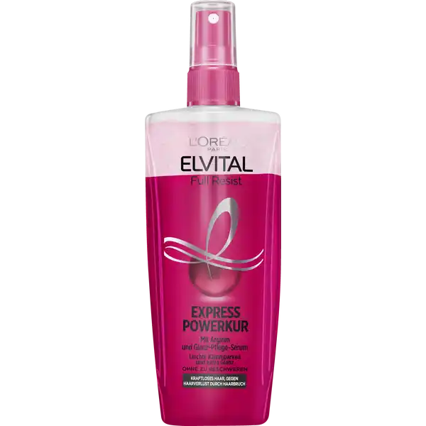 LOral Paris Elvital Full Resist Express Powerkur: Цвет: Produktbeschreibung und details Die Elvital Full Resist Express Powerkur zum sprhen mit WowEffekt Ein federleichtes Leavein sorgt fr Extra Glanz und eine reichhaltige Pflege  ohne zu beschweren Angereichert mit Arginin und einem GlanzPflegeSerum entwirrt es das Haar sofort und lsst sie einfacher stylen Der blumige Duft begleitet dich den ganzen Tag Die Sprhkur verleiht eine leichte Kmmbarkeit und das Haar wird sofort gekrftigt Kontaktdaten LOral TSA  FR Saint Ouen Cedex wwwlorealparisde Anwendung und Gebrauch Auf trockenem Haar Schtteln und auftragen fr extra Glanz und AntiFrizzEffekt Auf nassem Haar Schtteln und grozgig auftragen fr weiche geschmeidige und vollere Haare Inhaltsstoffe   INGREDIENTS AQUA  WATER  ISODODECANE  CI   RED   LACTIC ACID  SODIUM CHLORIDE  HYDROXYPROPYLTRIMONIUM HYDROLYZED WHEAT PROTEIN  PHENOXYETHANOL  PHENYL TRIMETHICONE  ACETIC ACID  ARGININE  TRIDECETH  TRIDECETH  POLYQUATERNIUM  POLYQUATERNIUM  CHLORPHENESIN  LIMONENE  LINALOOL  BENZYL ALCOHOL  BENZYL SALICYLATE  AMODIMETHICONE  TETRASODIUM EDTA  LAURETH  LAURETH  HEXYL CINNAMAL  GLYCERIN  PARFUM  FRAGRANCE FIL C
https://www.rossmann.de/de/pflege-und-duft-loreal-paris-elvital-full-resist-express-powerkur/p/3600524034160