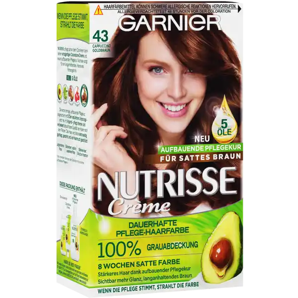 Garnier Nutrisse Creme 43 Cappuccino Goldbraun: Цвет: Produktbeschreibung und details Garnier Nutrisse Creme verleiht dem Haar seidig strahlenden Glanz Sogar graue Haare werden zu   abgedeckt Das Ergebnis ist eine Haarfarbe mit einem harmonischen Farbverlauf das  Wochen lang farbintensiv strahltBesonders angenehm ist die einfache Anwendung der Coloration Dank der CremeTextur tropft sie nicht und lsst sich gleichmig ins Haar einarbeiten Dabei versorgt sie das Haar intensiv mit Pflege denn die Formel ist mit  Fruchtlen angereichert Olive SheaNuss Avocado Argan und Cranberry nhren das Haar in der Tiefe Mit dem fruchtigen Duft wird das Colorieren zu einem sinnlichen Erlebnis Kontaktdaten GARNIER PARIS Karlsruhe Wien TSA  F  Asnieres Cedex wwwgarnierde wwwgarnierde UrsprungslandHerkunftsort Belgien Anwendung und Gebrauch Kleidung mit einem alten Handtuch abdecken Einweghandschuhe anziehen und die Farbe in der beiliegenden Flasche entsprechend der Gebrauchsanweisung mischenDie fertige Mischung nun direkt auf das trockene Haar entlang des Scheitels auftragen und mit Fingern vom Ansatz aus verteilenDie Farbe einwirken lassen und anschlieend mit warmem Wasser aussplenDie Pflegekur einmassieren und nach  Minuten wieder aussplen Gebrauch Aufbewahrung und Verwendung Aufbewahrungs und Verwendungsbedingungen Khl und trocken lagern Inhaltsstoffe Colorationscreme quotAQUA  WATER  CETEARYL ALCOHOL  PROPYLENE GLYCOL  DECETH  LAURETH  AMMONIUMHYDROXIDE  OLETH  LAURIC ACID  HEXADIMETHRINE CHLORIDE  GLYCOL DISTEARATE POLYQUATERNIUM  ETHANOLAMINE  SILICA DIMETHYL SILYLATE NANO  SILICA DIMETHYL SILYLATE METHYLRESORCINOL  CI   TITANIUM DIOXIDE  pAMINOPHENOL  mAMINOPHENOL ASCORBIC ACID  TOCOPHEROL  SODIUM METABISULFITE  THIOGLYCERIN  TOLUENEDIAMINE HELIANTHUS ANNUUS SEED OIL  SUNFLOWER SEED OIL  METHYLHYDROXYETHYLAMINOPHENOL DIMETHICONE  CARBOMER  RESORCINOL  ROSMARINUS OFFICINALIS ROSEMARY EXTRACT  EDTA VITIS VINIFERA SEED OIL  GRAPE SEED OIL  PARFUM  FRAGRANCEquotEntwicklermilch oder creme quotAQUA  WATER  HYDROGEN PEROXIDE  CETEARYL ALCOHOL  TRIDECETH CARBOXAMIDE MEA CETEARETH  GLYCERIN  TETRASODIUM ETIDRONATE  TETRASODIUM PYROPHOSPHATE SODIUM SALICYLATE  PHOSPHORIC ACID  PARFUM  FRAGRANCEquotPflegekur quotAQUA  WATER  CETEARYL ALCOHOL  DIMETHICONE  GLYCERIN  BEHENTRIMONIUM CHLORIDE OLEA EUROPAEA FRUIT OIL  OLIVE FRUIT OIL  ARGANIA SPINOSA KERNEL OIL  VACCINIUMMACROCARPON CRANBERRY SEED OIL  HELIANTHUS ANNUUS SEED OIL  SUNFLOWER SEED OIL ROSMARINUS OFFICINALIS LEAF EXTRACT  ROSEMARY LEAF EXTRACT  PERSEA GRATISSIMA OIL AVOCADO OIL  BUTYROSPERMUM PARKII BUTTER  SHEA BUTTER  AMODIMETHICONE  ISOPROPYLALCOHOL  CAPRYLYL GLYCOL  CITRIC ACID  LACTIC ACID  TOCOPHEROL  SODIUM BENZOATE CETRIMONIUM CHLORIDE  LINALOOL  BENZYL ALCOHOL  PARFUM  FRAGRANCEquot Warnhinweise und wichtige Hinweise Warnhinweise ACHTUNG Haarfrbemittel knnen allergische Reaktionen hervorrufen Temporre Ttowierungen mit schwarzem Henna knnen das Allergierisiko erhhen Frben Sie Ihr Haar nicht Wenn Sie einen Ausschlag im Gesicht haben oder wenn Ihre Kopfhaut empfindlich gereizt oder verletzt ist Wenn Sie schon einmal nach dem Frben Ihres Haares eine Reaktion festgestellt haben Wenn eine temporre Ttowierung mit schwarzem Henna bei Ihnen schon einmal eine Reaktion verursacht hat Das nichtbeachten einer vorliegenden Allergie kann lebensbedrohlich sein Es ist unbedingt erforderlich einen Allergieverdachtstest  Stunden vor jeder Anwendung des Produkts durchzufhren auch wenn Sie Haarfarben bereits frher verwendet haben
https://www.rossmann.de/de/pflege-und-duft-garnier-nutrisse-creme-43-cappuccino-goldbraun/p/4002441020087