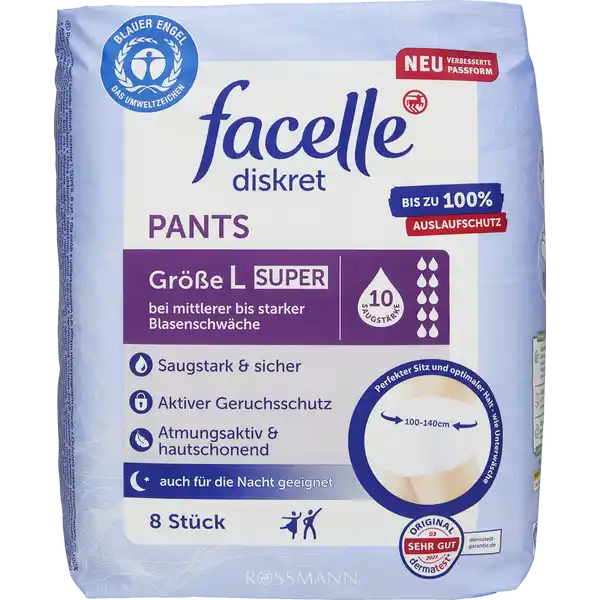 facelle diskret Pants super Gr. L: Цвет: Produktbeschreibung und details Hohe Saugleistung Der Saugkern mit ComfortDry Technologie sorgt fr eine optimale Flssigkeitsverteilung Die Flssigkeit wird schnell und sicher ins Innere der Pants geleitet fr ein langanhaltendes Trockenheitsgefhl Elastische Innenbndchen beugen dem Auslaufen vor und sorgen fr maximale Sicherheit Maximale Saugleistung  ml Tragekomfort Die extra weiche Oberflche vermittelt ein Gefhl wie Baumwolle und sorgt fr einen angenehmen Tragekomfort Die Hautfreundlichkeit ist dermatologisch besttigt Die textilhnliche und atmungsaktive Auenseite ist besonders weich und diskret Diskrete Passform Der schmale Saugkrper sowie die optimale Passform mit extra weichem Bundmaterial sorgen fr einen bestmglichen Tragekomfort Sie sind so diskret wie Unterwsche und bieten optimalen Schutz im Alltag Aktiver Geruchsschutz Gerche werden schnell und sicher eingeschlossen Fr ein angenehmes und andauerndes Frischegefhl Fr Frauen und Mnner Lassen Sie sich durch Blasenschwche nicht einschrnken Mit den Produkten von facelle diskret knnen Sie sich ein Stck Normalitt bewahren Gewinnen Sie mehr Lebensqualitt indem Sie unbeschwert durch den Alltag gehen und auch in der Nacht entspannt schlafen Einfach sicher  mit facelle diskret Kontaktdaten Dirk Rossmann GmbH Isernhgener Strae   Burgwedel wwwrossmannde   UrsprungslandHerkunftsort Hergestellt in der EU Testurteile Qualittssiegel ampamp Verbandszeichen
https://www.rossmann.de/de/gesundheit-facelle-diskret-pants-super-gr-l/p/4305615514390