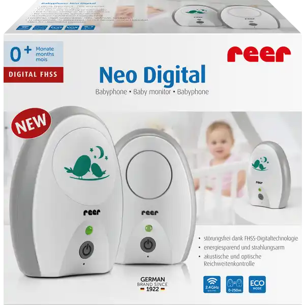 reer Neo Digital Babyphone: Цвет: Produktbeschreibung und details Fr Eltern steht die Sicherheit und das Wohlbefinden Ihrer Kinder an erster Stelle Gerade wenn man die Kleinen ins Bett gebracht hat mchte man zu jeder Zeit sicherstellen dass es dem Baby gut geht Mit dem strahlungsarmen und energiesparenden Neo Digital Babyphone von reer bleiben Sie bis zu einer Reichweite von  m im permanenten Kontakt zu Ihrem Kind und sind zu jeder Zeit ber sein Befinden informiert Dank der intelligenten Geruschaktivierung schaltet sich das Babyphone nur ein wenn das Kind sich durch Gerusche bemerkbar macht Solange keine Gerusche empfangen werden befinden sich die Babyeinheiten im Ruhemodus Dank der FHSSTechnologie wird eine strungsfreie und kristallklare Verbindung garantiert Durch den automatisch regelmigen Kanalwechsel ist das Neo Digital  abhrsicher inkl USBNetzstecker ampamp  USBLadekabel digitale bertragung  FHSS Technologie Reichweite bis zu  m ECO Modus  Strahlung im Ruhemodus VOXFunktion intelligente Einschaltautomatik Reichweitenkontrolle optischakustisch einstellbare LautstrkeEmpfindlichkeit Grtelclip PagerSuchfunktion Akku undoder Netzbetrieb Hinweise zur Elektrogerte und Batterieentsorgung Hinweise zur Entsorgung von Elektrogerten und Batterien httpswwwrossmanndedeserviceundhilfeelektrogesetzbatteriegesetz
https://www.rossmann.de/de/baby-und-spielzeug-reer-neo-digital-babyphone/p/4013283500408