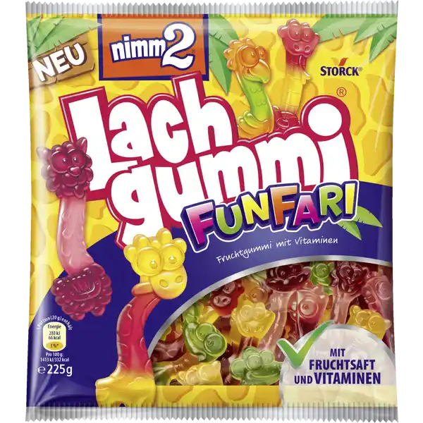 nimm2 Lachgummi Funfari: Цвет: Produktbeschreibung und details mit Fruchtsaft und Vitaminen viele lustige FunfariTiere in  Geschmackskombis HeidelbeereErdbeere ZitroneHimbeere PfirsichMaracujaApfel Lebensmittelunternehmer Name AUGUST STORCK KG Adresse Waldstr  D Berlin wwwstorckcomwwwnimmcom Rechtlich vorgeschriebene Produktbezeichnung Fruchtgummi mit Vitaminen Zutaten Glukosesirup Zucker Gelatine Fruchtsaft  aus Fruchtsaftkonzentrat Traube Holunderbeere Suerungsmittel Citronensure Milchsure Aromen frbende Konzentrate Schwarze Karotte Spirulina Niacin Vitamin E Pantothensure frbende Auszge Paprika Kurkuma Vitamin B Biotin Vitamin B berzugsmittel Carnaubawachs Bienenwachs wei und gelb Kann auch Anteile von MILCH enthalten Nhrwerte Durchschnittliche Nhrwertangaben pro  g pro  Portion GDA GDA pro Portion  g Energie  kj   kcal    kj   kcal   Fett  g   amplt  g   davon  gesttigte Fettsuren amplt  g amplt  g   Kohlenhydrate  g    g   davon  Zucker  g    g   Eiwei  g    g   Salz  g    g   NRV NRV Vitamin E  mg    mg   Niacin  mg    mg   Vitamin B  mg    mg   Vitamin B  g    g   Biotin  g    g   Pantothensure  mg    mg   Gebrauch Aufbewahrung und Verwendung Aufbewahrungs und Verwendungsbedingungen Vor Wrme und Feuchtigkeit schtzen Warnhinweise und wichtige Hinweise Warnhinweise Das Mischungsverhltnis kann produktionsbedingt schwanken Genaue Sortierung siehe Sichtfenster
https://www.rossmann.de/de/lebensmittel-nimm2-lachgummi-funfari/p/4014400931365