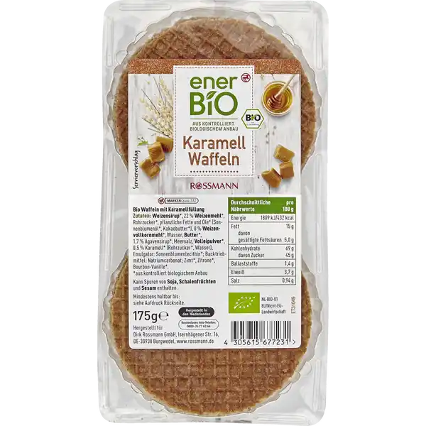 enerBiO Karamell Waffeln: Цвет: Produktbeschreibung und details Die gefllt Ihnen garantiert Mildses Karamellsirup zwischen zartknusprigen goldbraunen Waffeln  unsere enerBiO Karamellwaffeln backen wir aus den besten Zutaten mit dem Ziel Ihnen eine kstliche karamellige Freude zu bereiten Und wozu schmeckt der typisch hollndische Genuss am Besten Besonders lecker sind die Waffeln zu Kaffee oder Tee und mindestens genau so schmackhaft zu Eiscreme oder im Pudding Alle Produkte unserer ROSSMANNMarke enerBiO stammen aus kontrolliert biologischem Anbau Durch eine schonende sorgfltige Verarbeitung erhalten wir hierbei sowohl die Hochwertigkeit als auch den natrlichen Geschmack Zudem lassen wir unsere Produkte regelmig durch unabhngige Institute berprfen  so gewhrleisten wir eine gleichbleibende Qualitt Lebensmittelunternehmer Name Dirk Rossmann GmbH Adresse Isernhgener Strae   Burgwedel wwwrossmannde Bio Zertifikat NLBIO UrsprungslandHerkunftsort Niederlanden Testurteile Qualittssiegel ampamp Verbandszeichen Rechtlich vorgeschriebene Produktbezeichnung Bio Waffeln mit Karamellfllung Zutaten WEIZENSIRUP   WEIZENMEHL  Rohrzucker pflanzliche Fette und le Sonnenblumenl Kakaobutter  WEIZENVOLLKORNMEHL  Wasser BUTTER   Agavensirup Meersalz VOLLEIPULVER   Karamell Rohrzucker Wasser Emulgator Sonnenblumenlecithin BacktriebmittelNatriumcarbonate Zimt Zitrone BourbonVanille aus kontrolliert biologischem Anbau Kann Spuren von SOJA  SCHALENFRCHTEN und SESAM enthalten Nhrwerte Durchschnittliche Nhrwertangaben pro  g Energie  kj   kcal Fett  g davon  gesttigte Fettsuren  g Kohlenhydrate  g davon  Zucker  g Ballaststoffe  g Eiwei  g Salz  g Gebrauch Aufbewahrung und Verwendung Aufbewahrungs und Verwendungsbedingungen Khl trocken und dunkel lagern
https://www.rossmann.de/de/lebensmittel-enerbio-karamell-waffeln/p/4305615677231