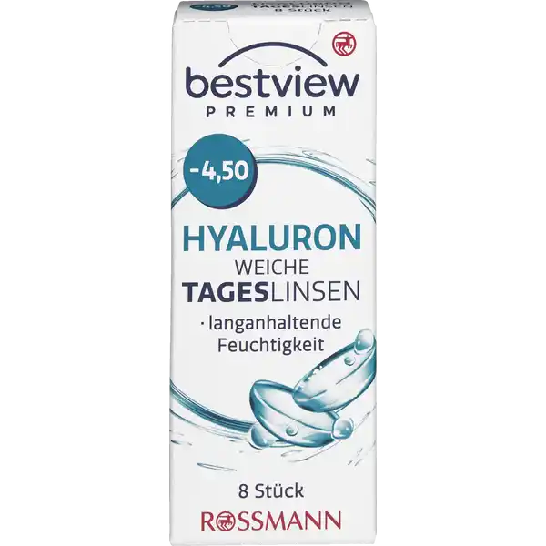 BestView Premium weiche Tageslinsen Hyaluron -4,50: Цвет: https://www.rossmann.de/de/gesundheit-bestview-premium-weiche-tageslinsen-hyaluron--450/p/4719889750130
Produktbeschreibung und details Die bestview Premium Hyaluron weiche Tageslinsen erfllen alle europischen Normen und medizinischen Richtlinien Das zugefgte Hyaluron begnstigt eine Verbesserung der Stabilitt des Trnenfilms Die bestview Tageslinsen besitzen ein spezielles Linsendesign welches eine einfachere Anwendung ermglicht Tageslinsen sind durch ihren tglichen Austausch besonders hygienisch und brauchen nicht gereinigt zu werden Tageslinsen sind besonders zu empfehlen wenn man nur ab und zu Kontaktlinsen trgt etwa beim Sport im Urlaub oder am Wochenende bestview Premium Hyaluron weiche Tageslinsen sind vertrgliche weiche Kontaktlinsen zur Korrektur von Kurzsichtigkeit langanhaltende Feuchtigkeit  Stck Kontaktdaten Dirk Rossmann GmbH Isernhgener Strae   Burgwedel wwwrossmannde Anwendung und Gebrauch Nutzungsdauer  Tag Inhaltsstoffe  Wasser  Etafilcon A Phosphat gepufferte Kochsalzlsung Warnhinweise und wichtige Hinweise Warnhinweise Nicht verwenden bei beschdigter Linsenverpackung Gehen Sie mit Ihren Linsen bitte regelmig zu einer augenrztlichen Kontrolle Folgen Sie den Anweisungen Ihres Kontaktlinsenanpassers Schlafen Sie nicht mit eingesetzter Linse Bitte beachten Sie die beiliegende Gebrauchsinformation