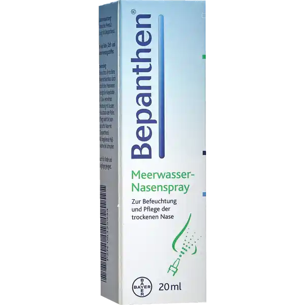 Bepanthen Meerwasser-Nasenspray: Цвет: https://www.rossmann.de/de/gesundheit-bepanthen-meerwasser-nasenspray/p/2050000041136
Produktbeschreibung und details zur Befeuchtung und Pflege der trockenen Nase frei von Farb Duft und Konservierungsstoffen Kontaktdaten Bayer Vital GmbH  Leverkusen Anwendung und Gebrauch Befeuchtet die trockene Nasenschleimhaut durch natrliches Meerwasser Reinigt die Nasenhhle zB bei vermehrter Belastung mit Krusten Hausstaub oder Pollen Pflegt sanft die beanspruchte Nase mit Dexpanthenol Als begleitende Manahme bei Schnupfen Auch fr Kinder und Suglinge geeignetJe nach Bedarf mehrmals tglich sprhen Erwachsene und Kinder ab  Jahren  Sprhsto je Nasenloch Ein Sprhsto enthlt ca  ml LsungGebrauchsinformation beachten Gebrauch Aufbewahrung und Verwendung Aufbewahrungs und Verwendungsbedingungen Nach Anbruch nicht lnger als  Monate anwenden Nicht ber  C lagern Inhaltsstoffe Zusammensetzung Isotonische Meersalzlsung mit Dexpanthenol