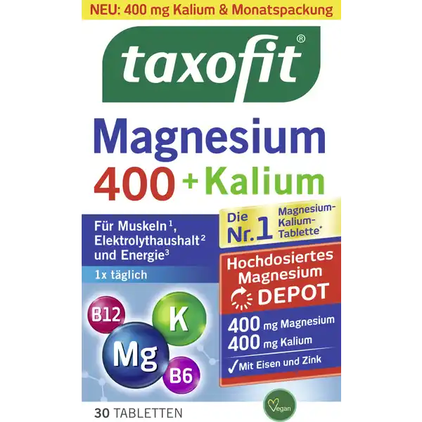 taxofit Magnesium 400 + Kalium Tab 30: Цвет: https://www.rossmann.de/de/gesundheit-taxofit-magnesium-400--kalium-tab-30/p/4008617011620
Produktbeschreibung und details Wer seinen Krper mit Sport und Bewegung fordert tut ihm Gutes Wer sich viel und oft bewegt kann einen erhhten Bedarf an Vitaminen und Mineralstoffen haben ber den entstehenden Schwei verliert der Krper Elektrolyte TAXOFIT Magnesium   Kalium versorgt den Krper mit Magnesium und Kalium die zum Elektrolytgleichgewicht beitragen Zustzlich verringern die enthaltenen Vitamine B und B die Mdigkeit und untersttzen den Energiestoffwechsel Sportler wissen Wer auf seinen Krper hrt hat mehr Freude an einem aktiven Lebensstil mit Eisen und Zink fr Muskeln Elektrolythaushalt und Energie enthlt eine ausgewhlte Rezeptur mit hochdosiertem Magnesium sowie Kalium und weiteren Vitaminen und Mineralstoffen sorgt als DepotTablette fr eine kontinuierliche MagnesiumFreisetzung ber mehrere Stunden ohne Farbstoffe gluten laktose und zuckerfrei  Magnesium und Kalium tragen zu einer normalen Muskelfunktion bei  Magnesium trgt zum Elektrolytgleichgewicht bei  Vitamin B und B tragen zu einem normalen Energiestoffwechsel bei Magnesium und Kalium tragen tragen zu einer normalen Funktion des Nervensystems bei Magnesium Vitamin B und Vitamin B tragen zur Verringerung von Mdigkeit und Ermdung bei Eisen trgt zur normalen Bildung von roten Blutkrperchen und Hmoglobin bei Zink trgt zu einem normalen KohlenhydratStoffwechsel bei Lebensmittelunternehmer Name MCM Klosterfrau Vertriebs GmbH Adresse D Kln wwwtaxofitde  Rechtlich vorgeschriebene Produktbezeichnung Nahrungsergnzungsmittel mit Mineralstoffen und Vitaminen Zutaten Kaliumchlorid Magnesiumoxid Fllstoff Cellulose Trennmittel Fettsuren Magnesiumsalze der Speisefettsuren Talkum Geliermittel Hydroxypropylmethylcellulose Eisenfumarat Pyridoxinhydrochlorid Zinkoxid berzugsmittel Glycerin Carnaubawachs Cyanocobalamin Vitamin B Nhrwerte Durchschnittliche Nhrwertangaben pro  Portion  Stck NRV Kalium  mg   Magnesium  mg   Eisen  mg   Zink  g   Vitamin B  mg   Vitamin B  g   Anwendung und Gebrauch  Tablette tglich mit etwas Flssigkeit zu einer Mahlzeit unzerkaut schlucken Gebrauch Aufbewahrung und Verwendung Aufbewahrungs und Verwendungsbedingungen Bitte trocken und nicht ber  C lagern Warnhinweise und wichtige Hinweise Warnhinweise Nahrungsergnzungsmittel sollten nicht als Ersatz fr eine ausgewogene und abwechslungsreiche Ernhrung verwendet werden oder eine gesunde Lebensweise ersetzen Die angegebene empfohlene tgliche Verzehrmenge darf nicht berschritten werdenAuerhalb der Reichweite von kleinen Kindern lagernMagnesiumprparate knnen bei empfindlichen Personen eine leicht abfhrende Wirkung habenNur fr Erwachsene geeignet Tablette tglich mit etwas Flssigkeit zu einer Mahlzeit unzerkaut schlucken