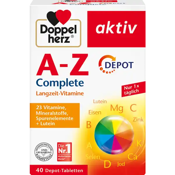 Doppelherz aktiv A-Z Depot Langzeit-Vitamine: Цвет: https://www.rossmann.de/de/gesundheit-doppelherz-aktiv-a-z-depot-langzeit-vitamine/p/4009932004533
Produktbeschreibung und details Doppelherz aktiv AZ Depot LangzeitVitamine Eine ausreichende Versorgung mit Vitaminen und Mineralstoffen ist Voraussetzung fr Gesundheit und Wohlbefinden Doppelherz AZ DepotTabletten enthalten sorgfltig aufeinander abgestimmte Vitamine Mineralstoffe und Spurenelemente  von Vitamin A bis Zink Zustzlich ist das pflanzliche Carotinoid Lutein enthalten Bestimmte Vitamine und Mineralstoffe kann der Krper nur begrenzt speichern Werden z B groe Mengen an Vitamin C mit einem Mal aufgenommen scheidet der Krper einen Teil ungenutzt wieder aus Die DEPOTTablette von Doppelherz arbeitet aufgrund eines speziell entwickelten Herstellungsverfahrens wie ein Nhrstoffspeicher Aus diesem Nhrstoffspeicherquot werden die wertvollen Nhrstoffe ber viele Stunden nach und nach freigegeben und stehen dem Krper so anhaltend zur Verfgung Lebensmittelunternehmer Name Queisser Pharma Adresse Schleswiger Str   Flensburg wwwdoppelherzde UrsprungslandHerkunftsort Deutschland Rechtlich vorgeschriebene Produktbezeichnung Tabletten mit Vitaminen Mineralstoffen Spurenelementen ampamp Lutein  Nahrungsergnzungsmittel Zutaten Dicalciumphosphat Fllstoff mikrokristalline Cellulose LAscorbinsure Fllstoff Hydroxypropylmethylcellulose Fllstoff Isomalt Magnesiumoxid modifizierte Strke Trennmittel Speisefettsuren Nicotinamid DLalphaTocopherylacetat CalciumDpantothenat Zinksulfat Trennmittel Magnesiumsalze der Speisefettsuren Strke Pyridoxinhydrochlorid Eisensulfat Thiaminmononitrat Riboflavin Trennmittel Talkum Trennmittel Siliciumdioxid Kupfersulfat Tricalciumphosphat Farbstoff Eisenoxide und Eisenhydroxide Feuchthaltemittel Glycerin Lutein aus Studentenblumen Retinylacetat Pteroylmonoglutaminsure DBiotin Kaliumiodid ChromIIIchlorid Natriummolybdat Natriumselenit Phytomenadion Cholecalciferol Cyanocobalamin Nhrwerte Durchschnittliche Nhrwertangaben pro  Portion NRV Calcium  mg   Phosphor  mg   Magnesium  mg   Eisen  mg   Zink  mg   Kupfer  mg   Selen  g   Chrom  g   Molybdn  g   Jod  g   Vitamin A  g   Vitamin D  g   Vitamin E  mg   Vitamin K  g   Vitamin C  mg   Vitamin B Thiamin  mg   Vitamin B Riboflavin  mg   Niacin  mg   Vitamin B  mg   Folsure  g   Vitamin B  g   Biotin  g   Pantothensure  mg   Anwendung und Gebrauch Tglich  Tablette nach einer Mahlzeit mit ausreichend Flssigkeit unzerkaut einnehmen Warnhinweise und wichtige Hinweise Warnhinweise Die angegebene empfohlene tgliche Verzehrsmenge darf nicht berschritten werden Nahrungsergnzungsmittel sind kein Ersatz fr eine ausgewogene und abwechslungsreiche Ernhrung und eine gesunde Lebensweise Fr kleine Kinder unzugnglich aufbewahren Fr Kinder und Jugendliche nicht geeignet Ab einer Menge von  mg Zink pro Tag sollte auf die Einnahme weiterer zinkhaltiger Nahrungsergnzungsmittel verzichtet werden Biotin kann Auswirkungen auf einige rztliche Laboruntersuchungen haben was zu verflschten Ergebnissen fhrt Informieren Sie deshalb bitte Ihren Arzt bei anstehenden Laboruntersuchungen darber dass Sie ein biotinhaltiges Prparat einnehmen damit er dies bercksichtigen kann Die Tabletten knnen bei Bedarf auch in zwei Hlften zerteilt werden