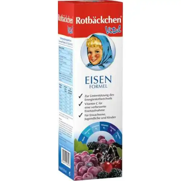 Rotbckchen Vital Eisen Formel Mehrfruchtsaft: Цвет: https://www.rossmann.de/de/gesundheit-rotbaeckchen-vital-eisen-formel-mehrfruchtsaft/p/4004191016518
Produktbeschreibung und details Fr die normale Leistungsfhigkeit ist eine ausreichende Versorgung mit lebenswichtigen Nhrstoffen unverzichtbar Eisen unterstzt die normale Bildung von roten Blutkrperchen und Hmoglobin sowie den Sauerstofftransport im Krper Da der Krper Eisen nicht selbst bilden kann muss dieses lebenswichtige Spurenelement in ausreichender Menge ber die Nahrung aufgenommen werden Vitamin C hilft dabei die Eisenaufnahme zu verbessern Die Vitamine B und B leisten ebenfalls einen Beitrag zur Bildung von roten Blutkrperchen whrend Vitamin B dazu beitrgt diese zu erhalten Vitamin B trgt zu einer normalen Herzfunktion bei Rotbckchen Qualittsgarantie Lebenswichtige Nhrstoffe sinnvoll kombiniert und dosiert Gut verfgbares Eisen Natrlich fruchtig auf Basis hochwertiger Direktsfte Ohne Zusatz von Konservierungs Farb S und Aromastoffen Alkohol gluten laktosefrei Vegan Lebensmittelunternehmer Name Haus Rabenhorst Adresse D UnkelRhein wwwrotbaeckchende UrsprungslandHerkunftsort Deutschland Rechtlich vorgeschriebene Produktbezeichnung Nahrungsergnzungsmittel mit Eisen und Vitamin C B B B B Zutaten Roter Traubensaft Aroniasaft Holundersaft Kirschsaft Brombeersaft EisenIIgluconat Vitamin C Vitamin B Vitamin B Vitamin B Vitamin B Nhrwerte Durchschnittliche Nhrwertangaben pro  Portion  ml NRV Eisen  mg   Vitamin C  mg   Vitamin B Thiamin  mg   Vitamin B Riboflavin  mg   Vitamin B  mg   Vitamin B  g   Anwendung und Gebrauch Bitte die Flasche vor Gebrauch gut schtteln Empfohlene tgliche Verzehrsmenge  x tglich  ml   ml Tagesportion Dosierungsempfehlung fr Jugendliche und Kinder ab  Jahren  x tglich  ml Eine Flasche Rotbckchen Vital Eisen Formel enthlt  Tagesportionen  ml Gebrauch Aufbewahrung und Verwendung Aufbewahrungs und Verwendungsbedingungen Nach Anbruch im Khlschrank aufbewahren und innerhalb von  Wochen aufbrauchen Warnhinweise und wichtige Hinweise Warnhinweise Nicht einnehmen bei Eisenspeicherkrankheit Wir empfehlen eine ausgewogene und abwechslungsreiche Ernhrung und eine gesunde Lebensweise Nahrungsergnzungsmittel sollten nicht als Ersatz fr eine ausgewogene und abwechslungsreiche Ernhrung verwendet werden Die empfohlene tgliche Verzehrmenge darf nicht berschritten werden Fr kleine Kinder unzugnglich aufbewahren