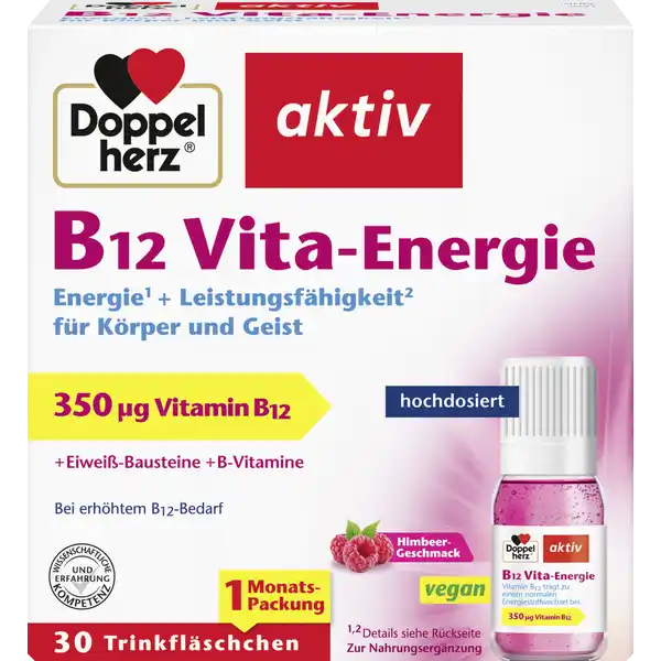 Doppelherz B VitaEnergie Trinkflschchen: Цвет: https://www.rossmann.de/de/gesundheit-doppelherz-b12-vita-energie-trinkflaeschchen/p/4009932133172
Produktbeschreibung und details Energie Leistungsfhigkeit fr Krper und Geist Fr Gesundheit Energie und Leistungsfhigkeit spielt eine ausreichende Versorgung mit Nhrstoffen eine wichtige Rolle Doppelherz B VitaEnergie enthlt  g hochdosiertes Vitamin B in Kombination mit drei ausgesuchten BVitaminen und den Eiweibausteinen LGlutamin und LSerin mit Himbeergeschmack hochdosiert mit  g Vitamin B pro Trinkflschchen Vitamin B trgt zur Verringerung von Mdigkeit und Erschpfung bei und untersttzt die normale Funktion des Immunsystems plus  weitere BVitamine sowie die Eiweibausteine LGlutamin und LSerin Vitamin B  Vitamin B  Niacin tragen bei zu einem normalen Energiestoffwechsel zur Verringerung von Mdigkeit und Erschpfung zu einer normalen Funktion des Nervensystems Kontaktdaten Queisser Pharma GmbH ampamp Co KG Schleswiger Str   Flensburg wwwdoppelherzde UrsprungslandHerkunftsort Deutschland Zutaten Wasser Fruktose Isomaltulose LGlutamin Inulin LSerin natrliches Aroma Suerungsmittel Citronensure Konservierungsstoff Kaliumsorbat Konservierungsstoff Natriumbenzoat Nicotinamid Holunderbeerextrakt Maltodextrin Pyridoxinhydrochlorid Thiaminhydrochlorid Trennmittel Magnesiumsalze der Speisefettsuren Trennmittel Siliciumdioxid Cyanocobalamin Vitamin B Isomaltulose ist eine Glucose und Fruktosequelle Nhrwerte Durchschnittliche Nhrwertangaben pro  Portion  Trinkflschchen Tagesdosis Referenzwert Nhrstoffbezugswerte gem EUVerordnung  NRV Vitamin B Thiamin  mg   Niacin  mg   Vitamin B  mg   Vitamin B  g   Anwendung und Gebrauch Tglich den Inhalt  Trinkflschchens verzehren Schritt  Verschlusskappe nach rechts in Pfeilrichtung bis zum Anschlag fest zudrehen die Nahrstoffkammer offnet sich Schritt  Trinkflaschchen gut schutteln bis sich das Nhrstoffpulver vollstandig aufgelost hat Schritt  Verschlusskappe nach links in Pfeilrichtung aufdrehen und Flussigkeit trinken Gebrauch Aufbewahrung und Verwendung Aufbewahrungs und Verwendungsbedingungen Vor direkter Sonneneinstrahlung schtzen und nicht ber C lagern Fr kleine Kinder unzugnglich aufbewahren Durch die Verwendung eines natrlichen Holunderbeerextraktes kann es whrend der Lagerung zu Farbvernderungen kommen Dies hat keinen Einfluss auf die Qualitt des Produktes Warnhinweise und wichtige Hinweise Warnhinweise Die angegebene empfohlene tgliche Verzehrsmenge darf nicht berschritten werden Nahrungsergnzungsmittel sind kein Ersatz fr eine ausgewogene und abwechslungsreiche Ernhrung und eine gesunde Lebensweise Fr Kinder Jugendliche Schwangere und Stillende nicht geeignet