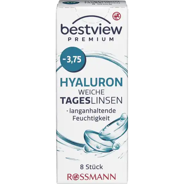 BestView Premium weiche Tageslinsen Hyaluron -3,75: Цвет: https://www.rossmann.de/de/gesundheit-bestview-premium-weiche-tageslinsen-hyaluron--375/p/4719889750116
Produktbeschreibung und details Die bestview Premium Hyaluron weiche Tageslinsen erfllen alle europischen Normen und medizinischen Richtlinien Das zugefgte Hyaluron begnstigt eine Verbesserung der Stabilitt des Trnenfilms Die bestview Tageslinsen besitzen ein spezielles Linsendesign welches eine einfachere Anwendung ermglicht Tageslinsen sind durch ihren tglichen Austausch besonders hygienisch und brauchen nicht gereinigt zu werden Tageslinsen sind besonders zu empfehlen wenn man nur ab und zu Kontaktlinsen trgt etwa beim Sport im Urlaub oder am Wochenende bestview Premium Hyaluron weiche Tageslinsen sind vertrgliche weiche Kontaktlinsen zur Korrektur von Kurzsichtigkeit langanhaltende Feuchtigkeit  Stck Kontaktdaten Dirk Rossmann GmbH Isernhgener Strae   Burgwedel wwwrossmannde Anwendung und Gebrauch Nutzungsdauer  Tag Inhaltsstoffe  Wasser  Etafilcon A Phosphat gepufferte Kochsalzlsung Warnhinweise und wichtige Hinweise Warnhinweise Nicht verwenden bei beschdigter Linsenverpackung Gehen Sie mit Ihren Linsen bitte regelmig zu einer augenrztlichen Kontrolle Folgen Sie den Anweisungen Ihres Kontaktlinsenanpassers Schlafen Sie nicht mit eingesetzter Linse Bitte beachten Sie die beiliegende Gebrauchsinformation